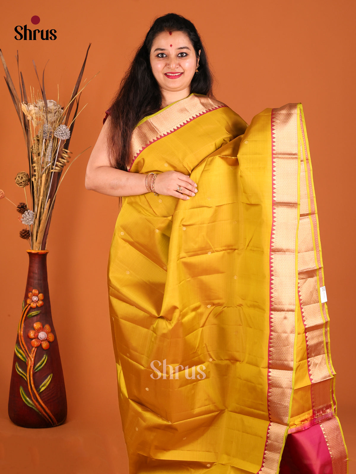 Mustard & Purple Kanchipuram silk Saree with contrast Kaddi zari border-2