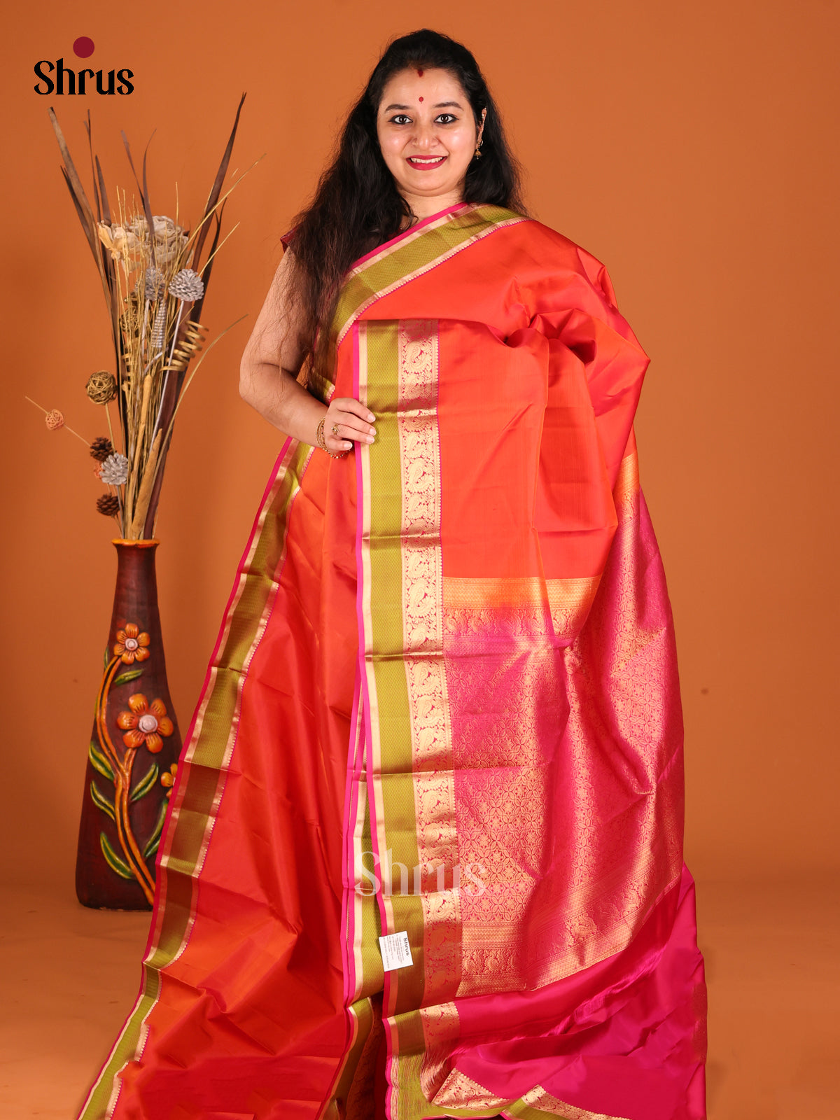 Orange & Pink Kanchipuram silk Saree with contrast peacock vine zari border-1