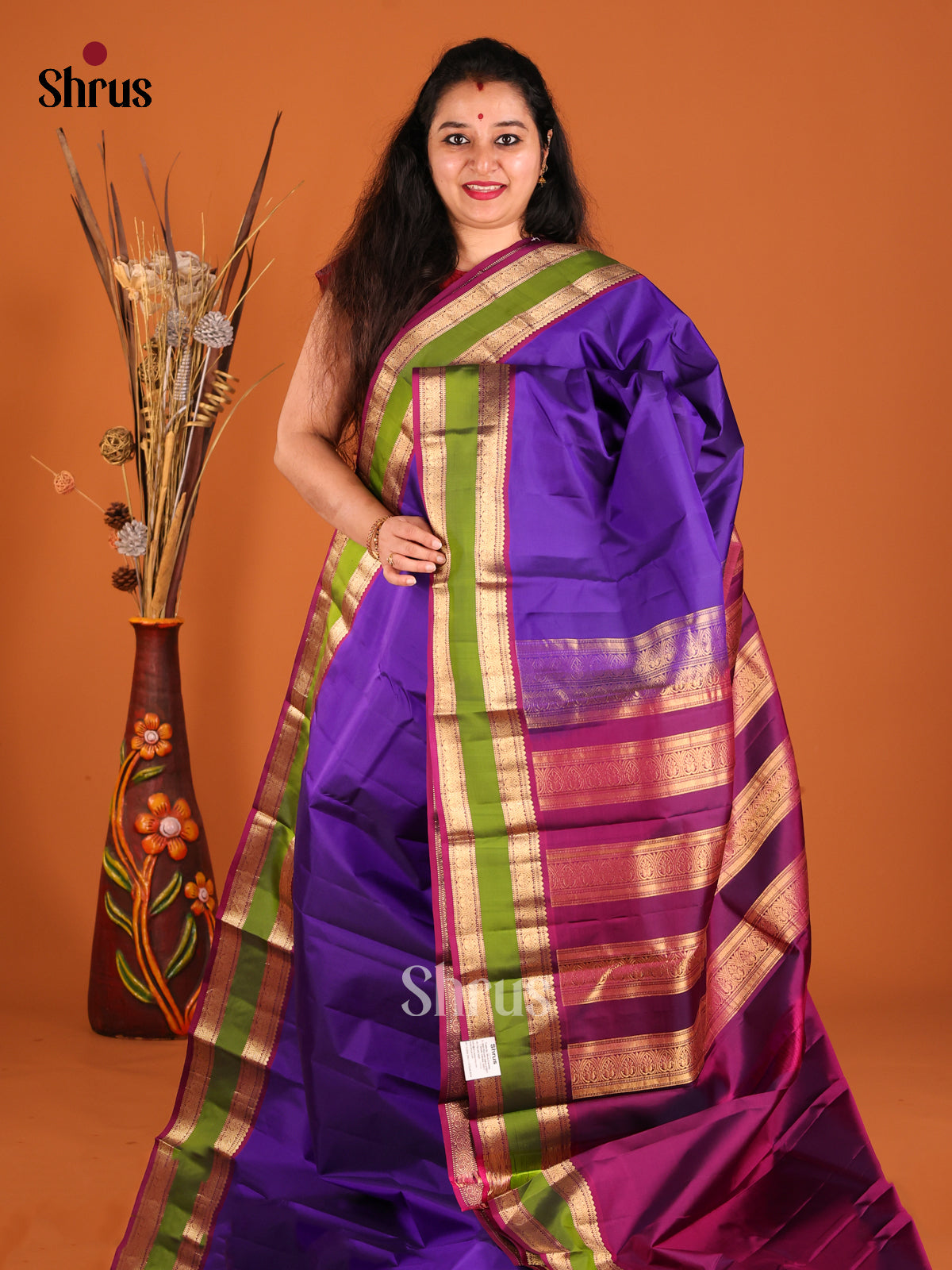 Violet & Purple Kanchipuram silk Saree with rettaipet zari border-1