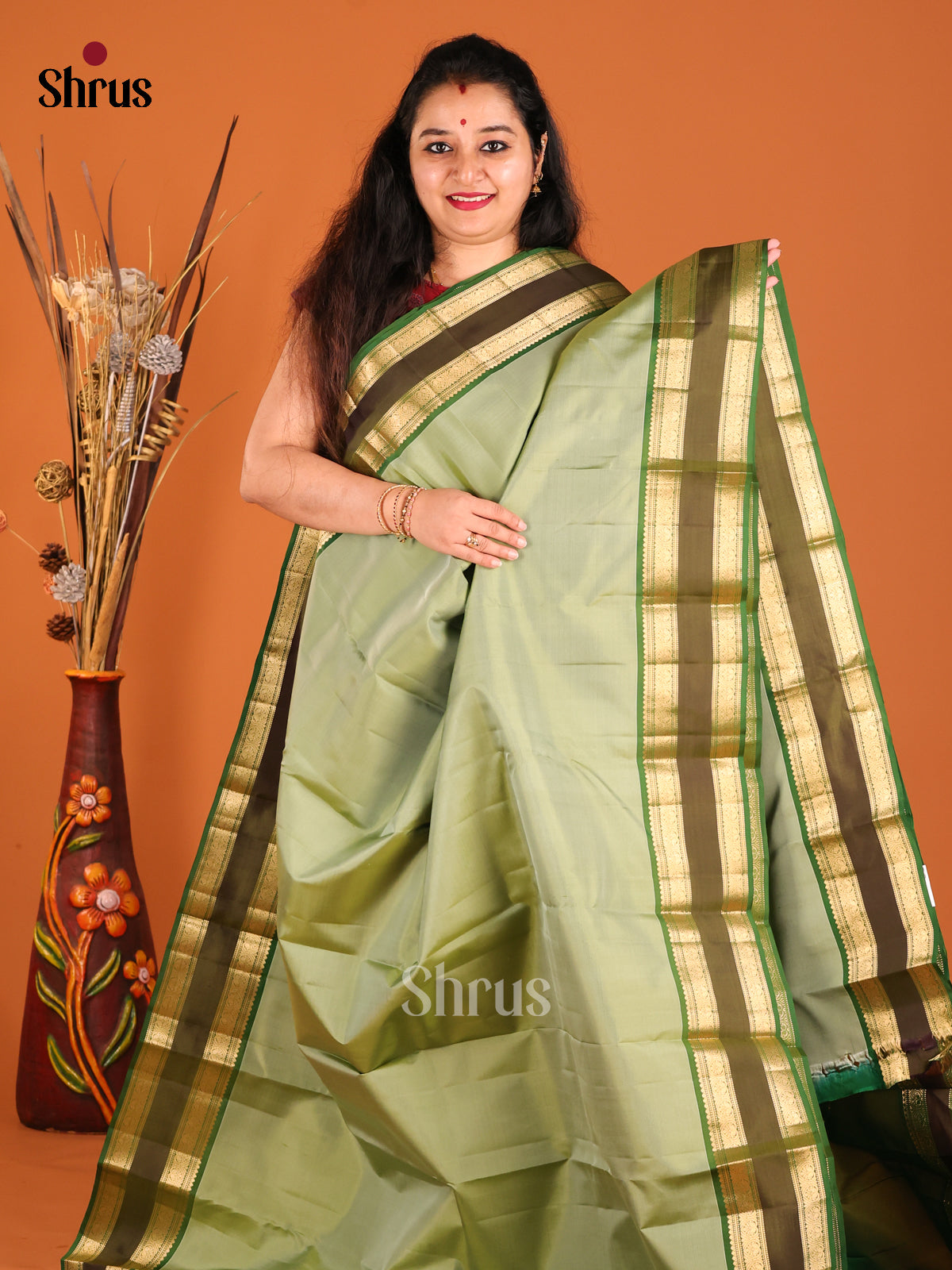 Pastel Green & Green Kanchipuram silk Saree with rettaipet zari border - Shop on Shrus.com