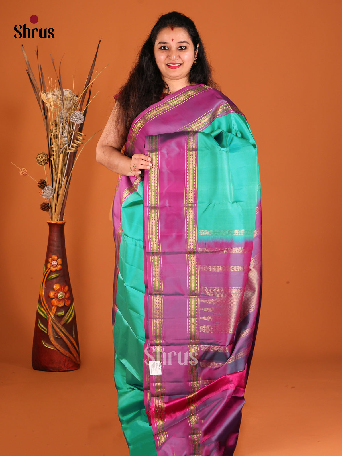 Green & Purple Kanchipuram silk Saree with contrast rettaipet border-1