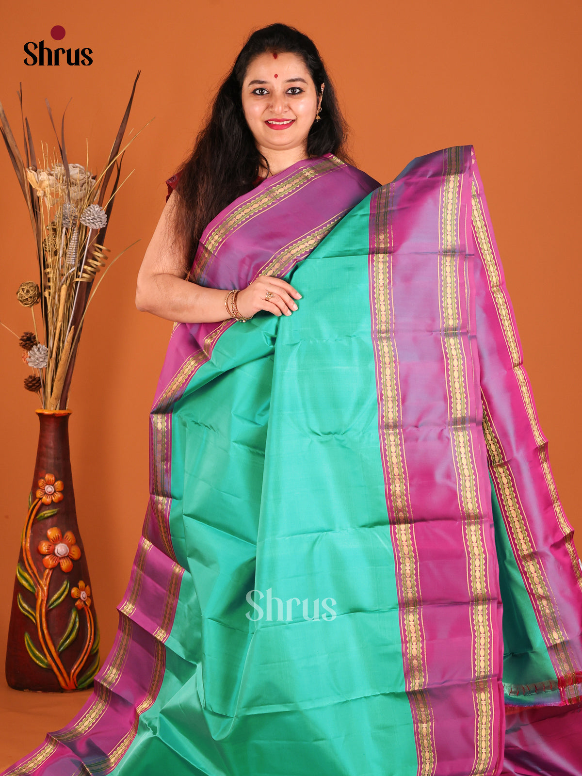 Green & Purple Kanchipuram silk Saree with contrast rettaipet border-2