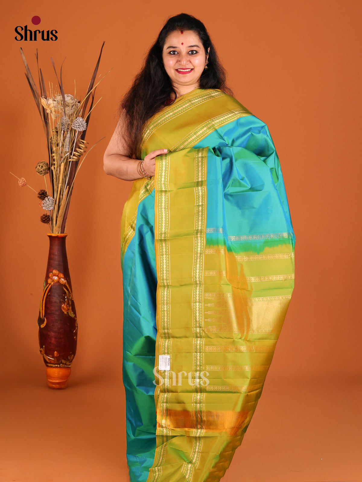 Blue & Green Kanchipuram silk Saree with contrast rettaipet border-1