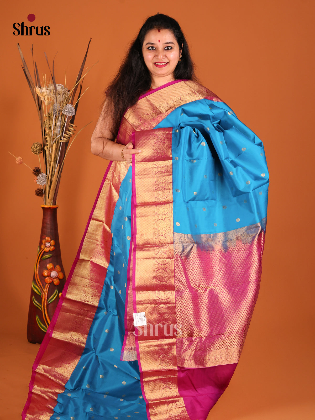 Blue & Purple Kanchipuram silk Saree with contrast paisleys brocade border-1