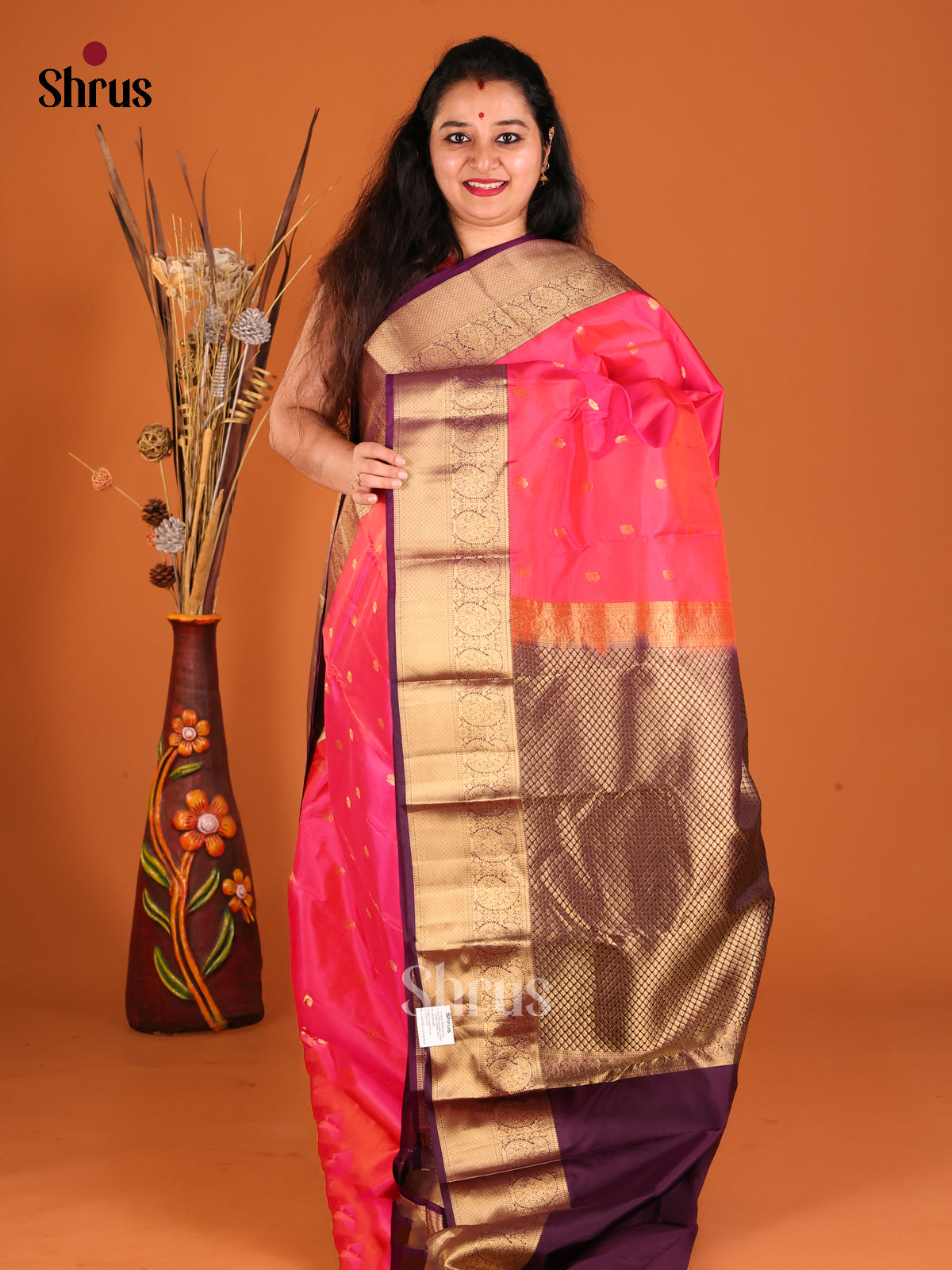 Pink & Violet Kanchipuram silk Saree with contrast paisleys brocade border-1