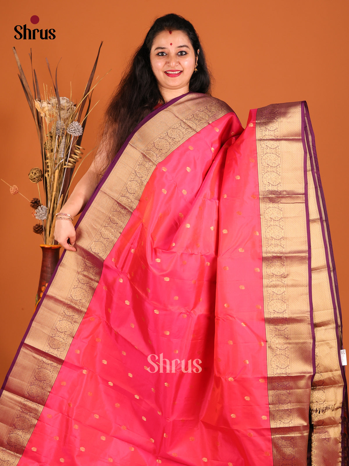 Pink & Violet Kanchipuram silk Saree with contrast paisleys brocade border-2