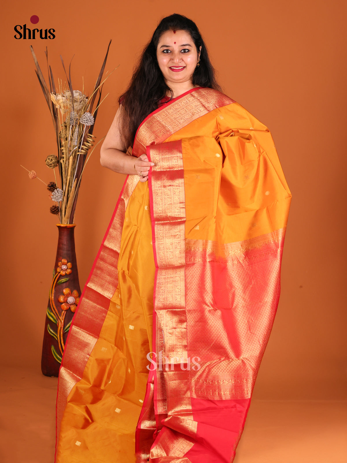 Mustard & Red Kanchipuram silk Saree with rich contrast zari border-1