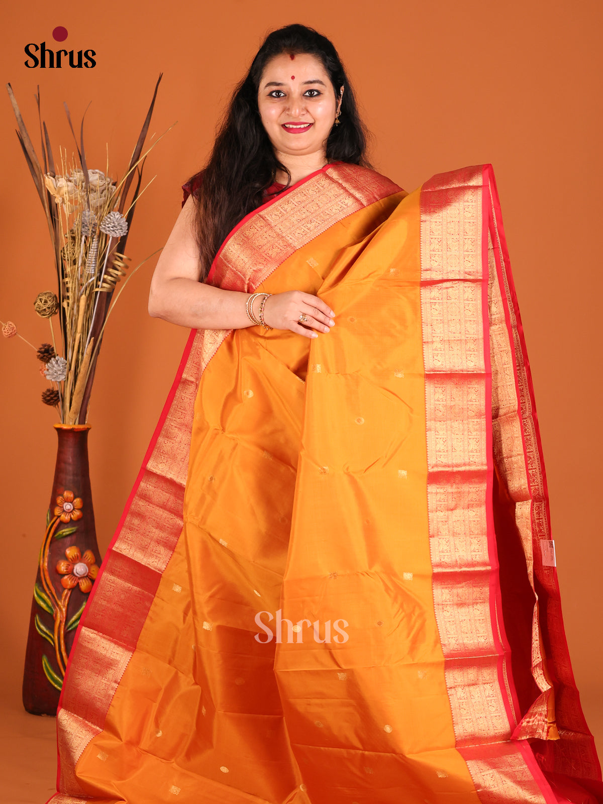 Mustard & Red Kanchipuram silk Saree with rich contrast zari border-2