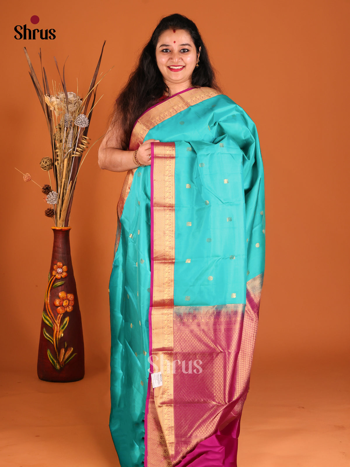 Blue & Purple Kanchipuram silk Saree with peacock buttas zari border-1
