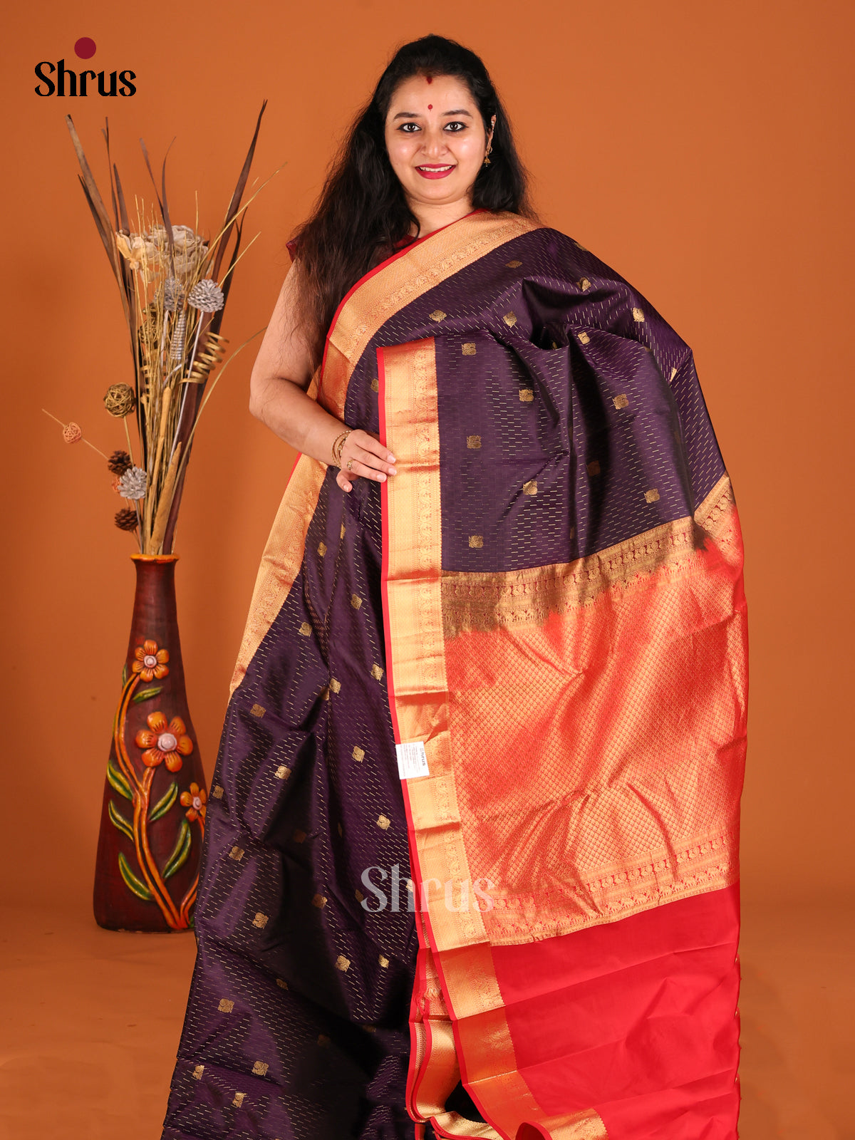 Jamun & Red Kanchipuram silk Saree gleams with gold zari peacock buttas-1