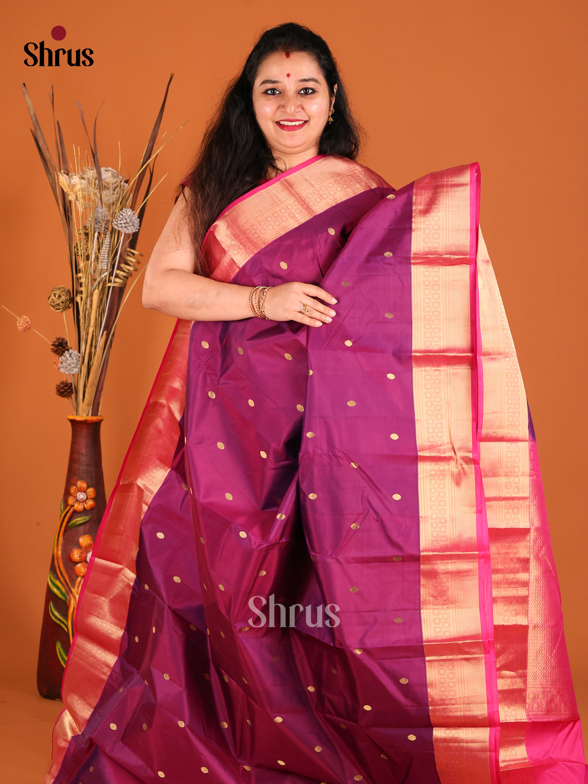 Purple & Pink Kanchipuram silk Saree with contrast zari brocade pallu - Shop on Shrus.com