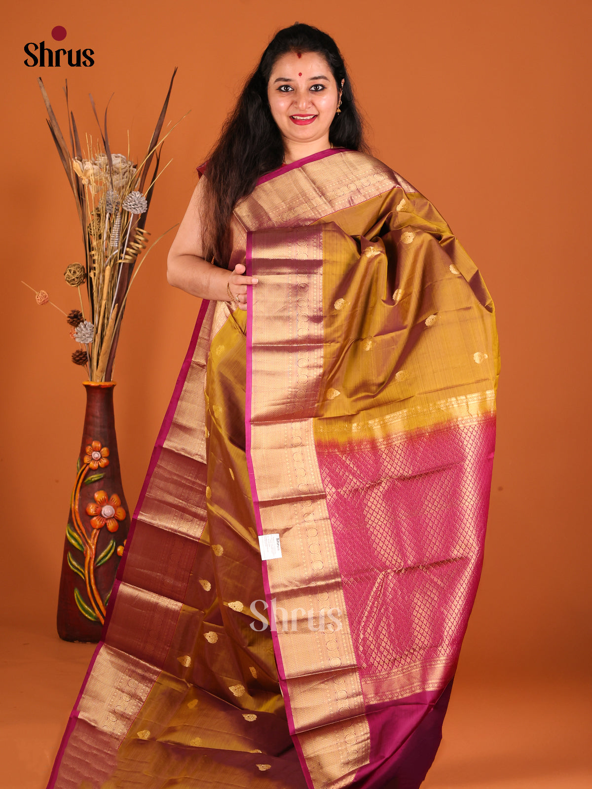 Mustard & Purple Kanchipuram silk Saree with zari drop buttas-1