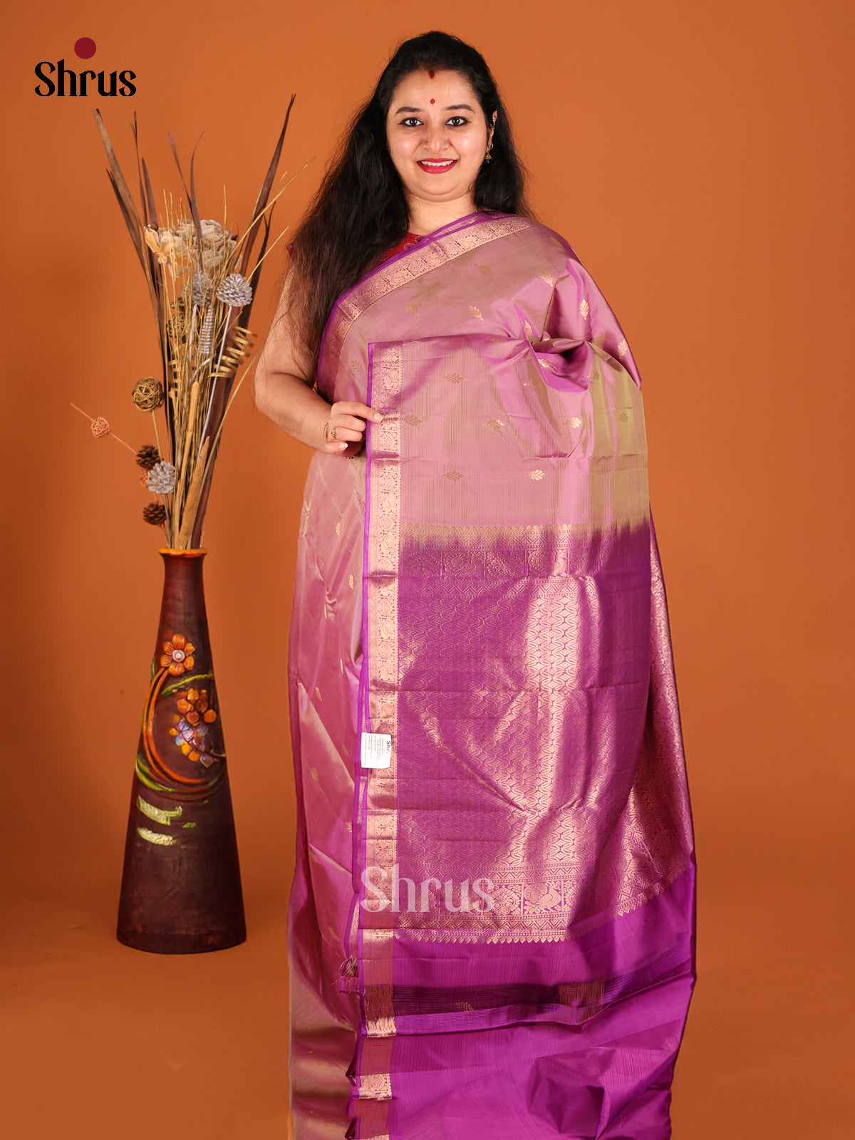 Lavender & Violet Kanchipuram silk Saree with contrast rich zari brocade pallu - Shop on Shrus.com