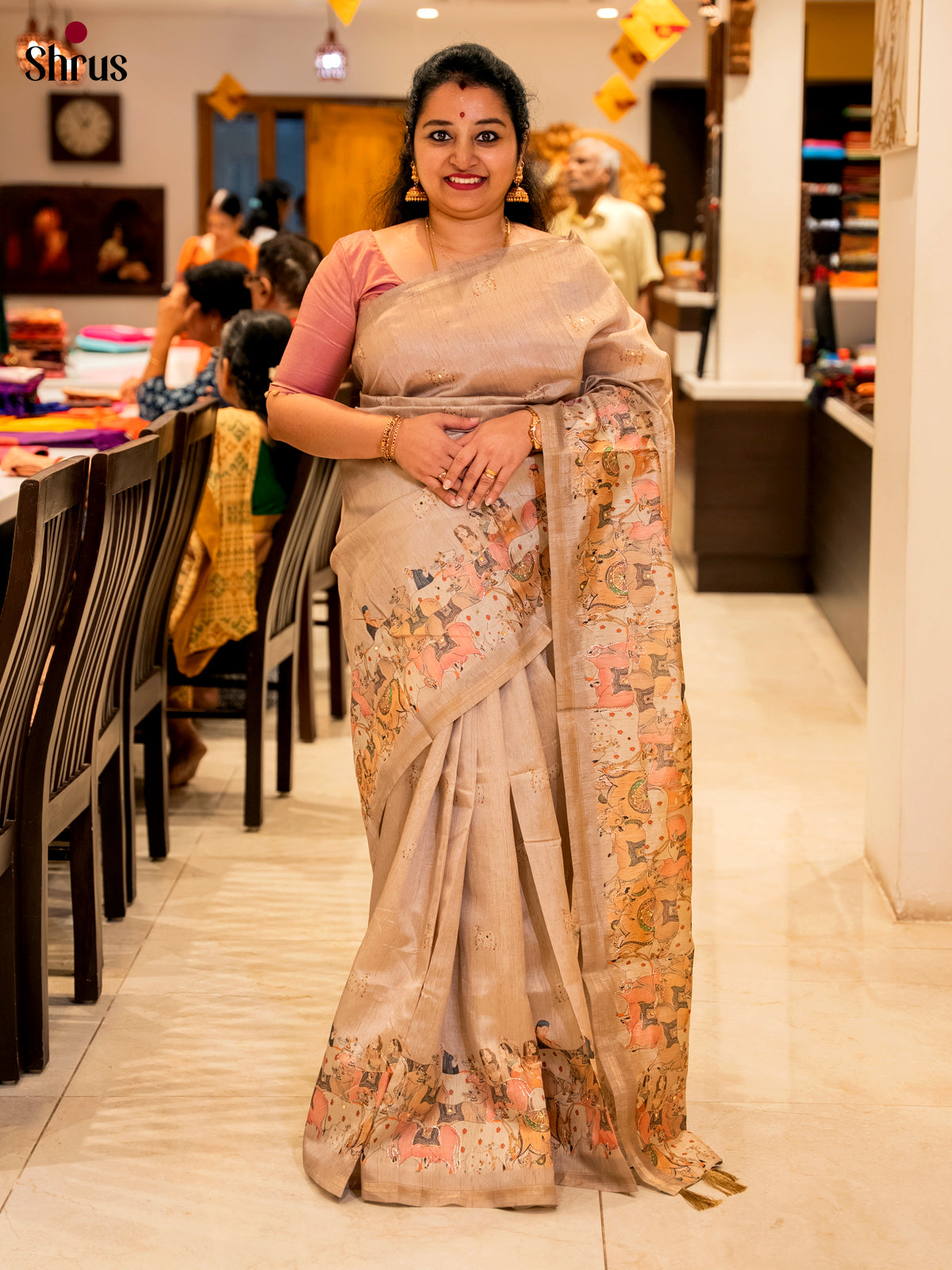 Beige - Semi Chanderi Saree