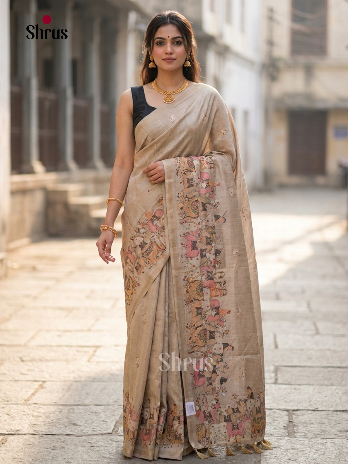 Beige - Semi Chanderi Saree
