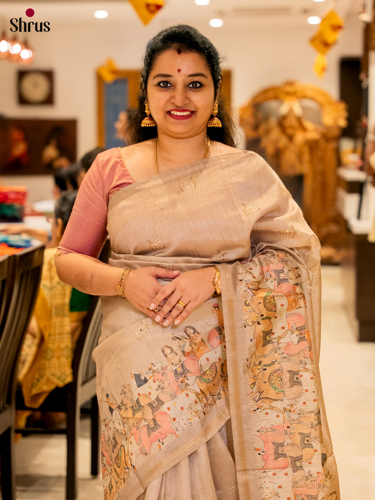 Beige - Semi Chanderi Saree