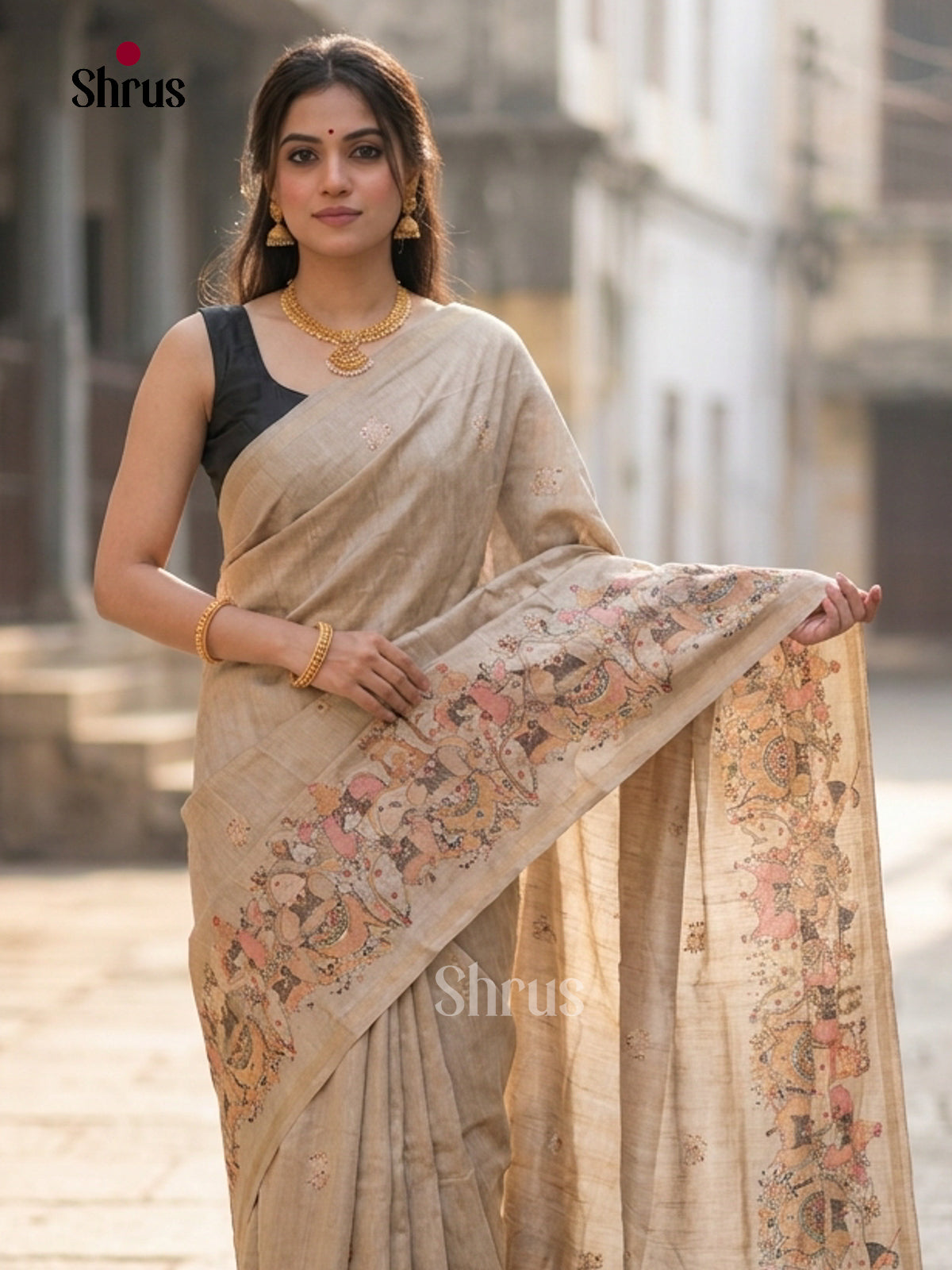 Beige - Semi Chanderi Saree