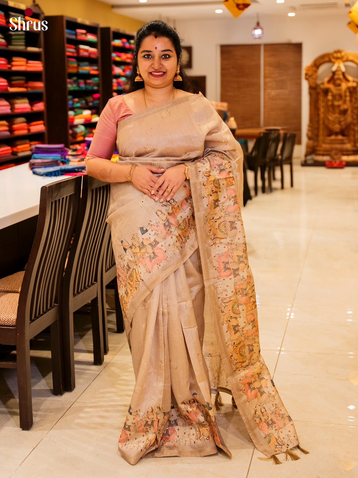 Beige - Semi Chanderi Saree