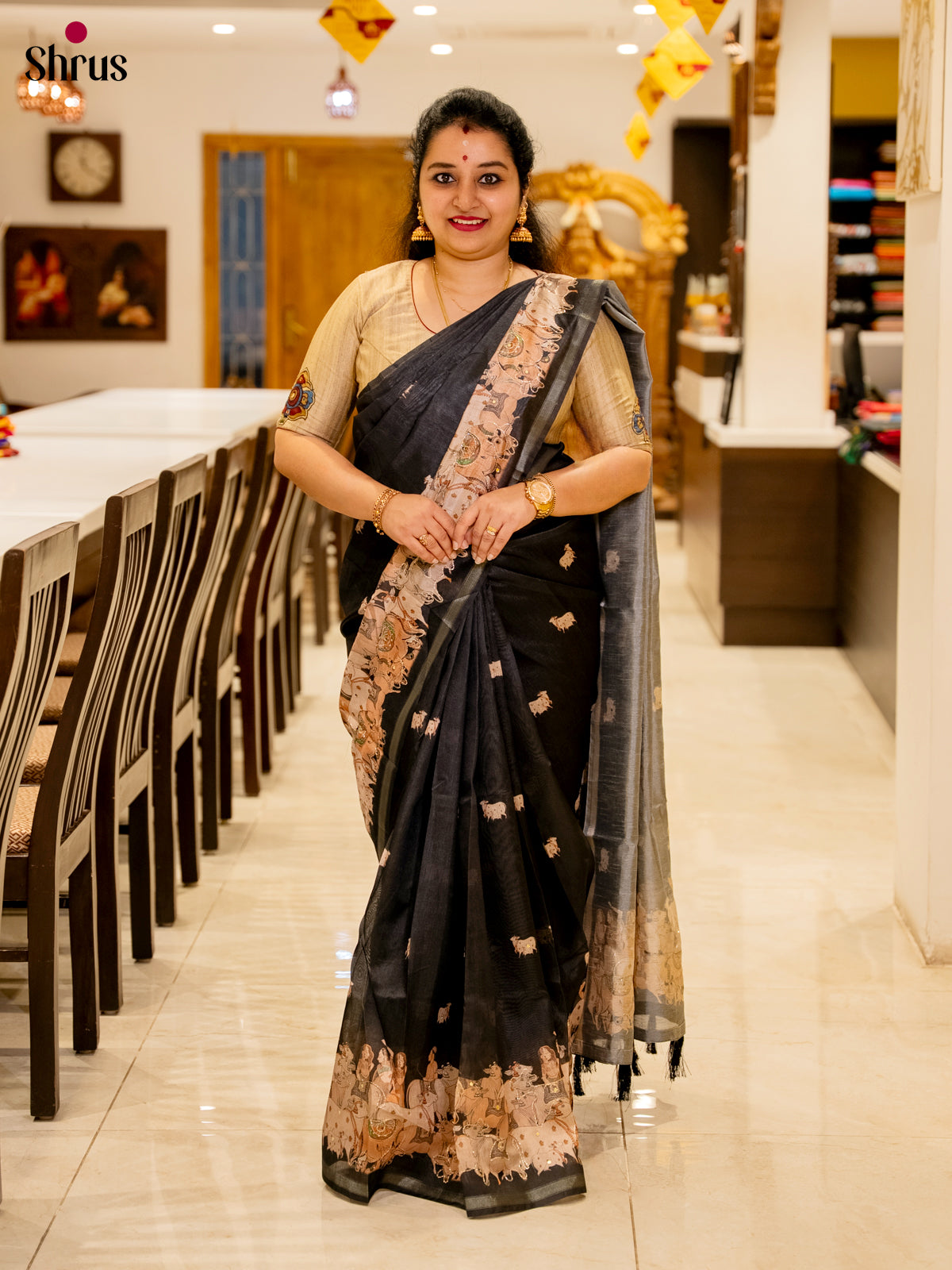 Black - Semi Chanderi Saree