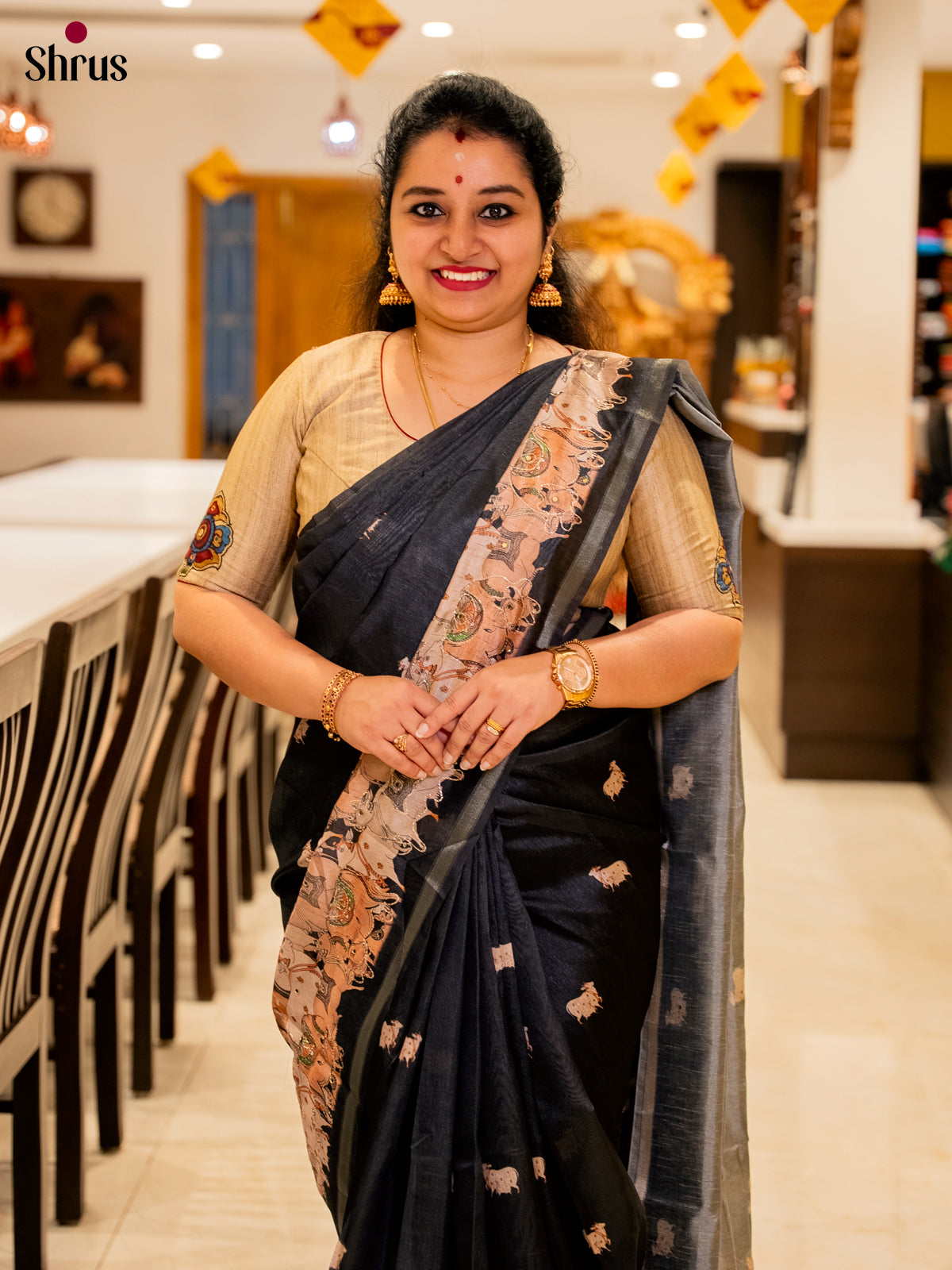 Black - Semi Chanderi Saree -1