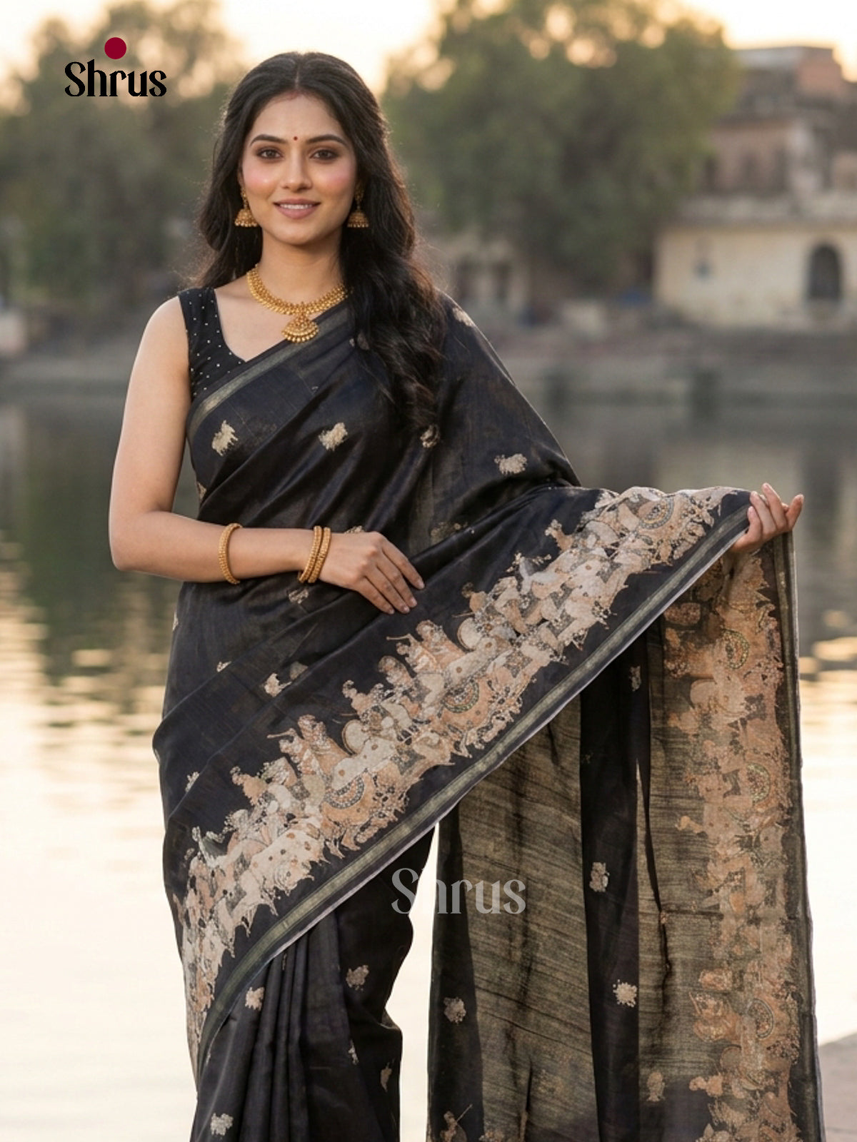 Black - Semi Chanderi Saree