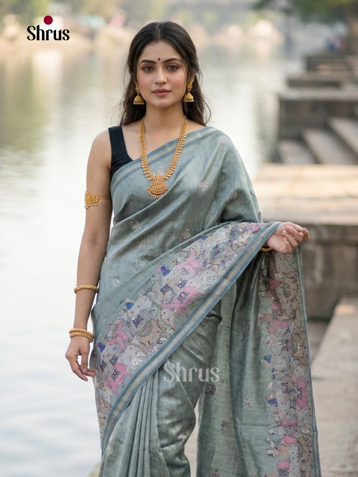 Grey - Semi Chanderi Saree
