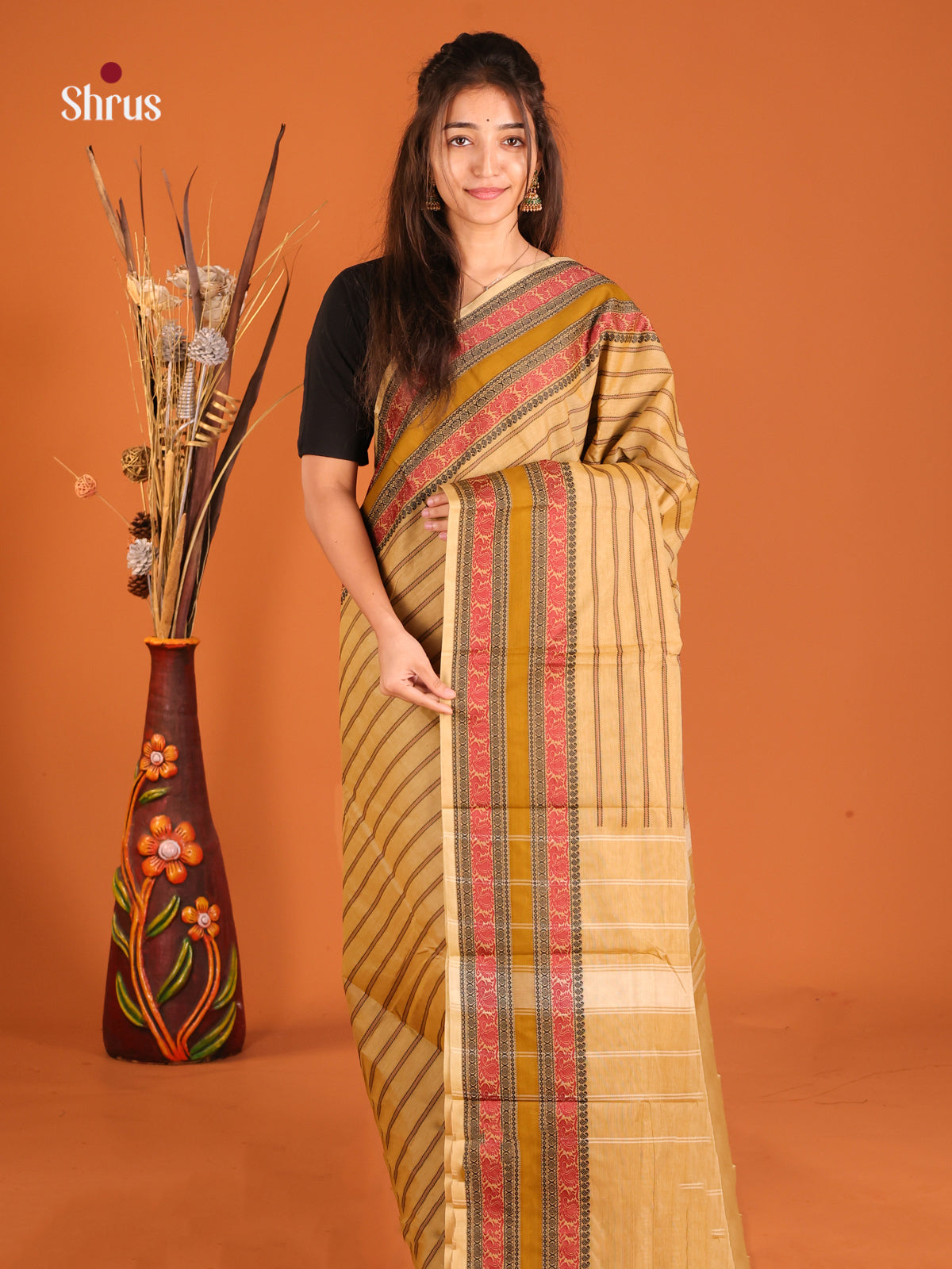 Beige & Mustard- Chettinad Cotton Saree
