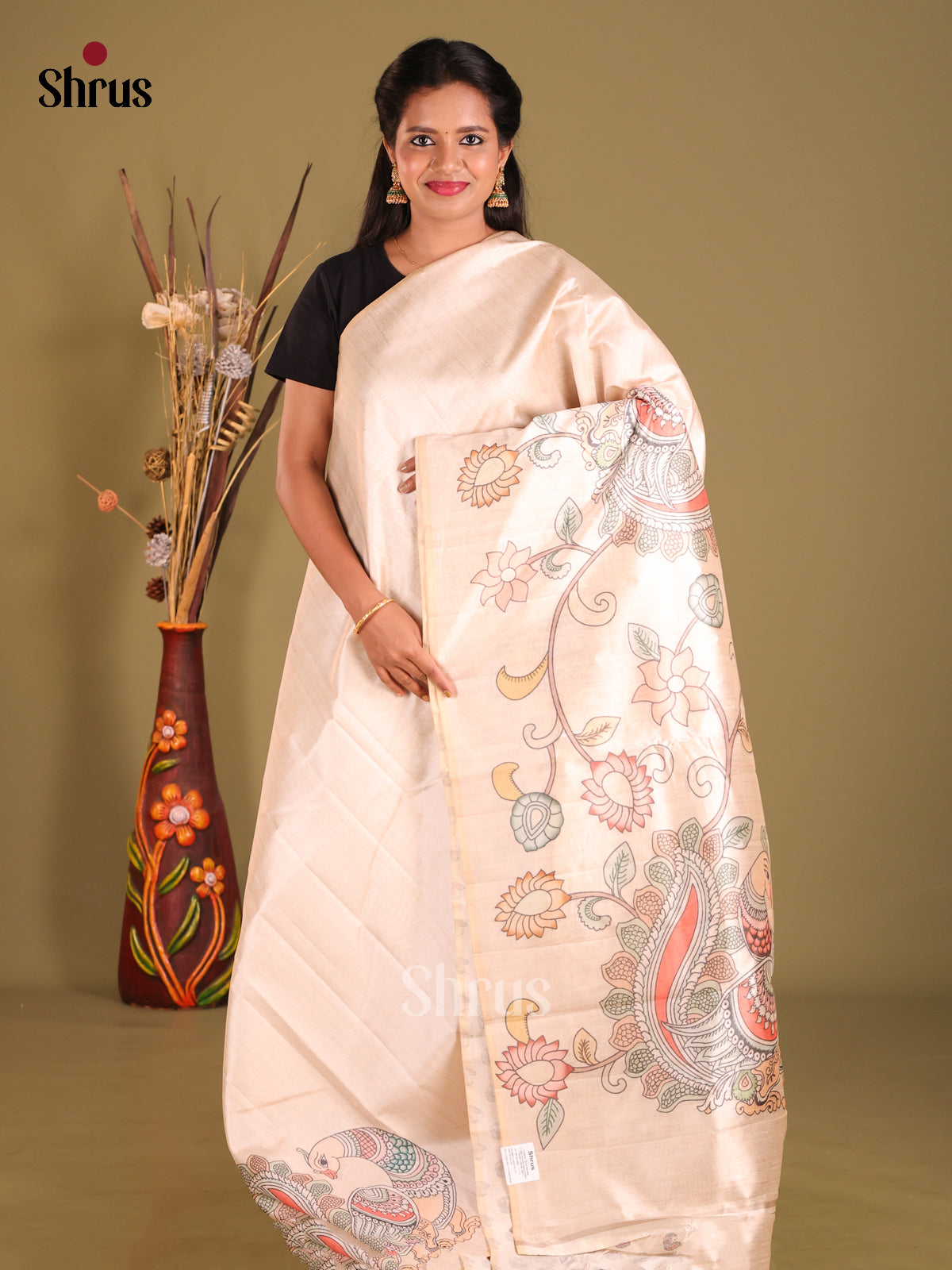 Cream - Semi Tussar Saree
