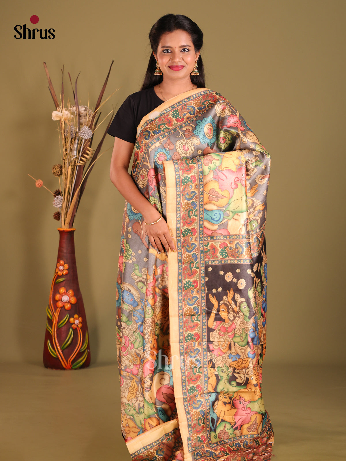 Grey & Brick- Semi Tussar Saree