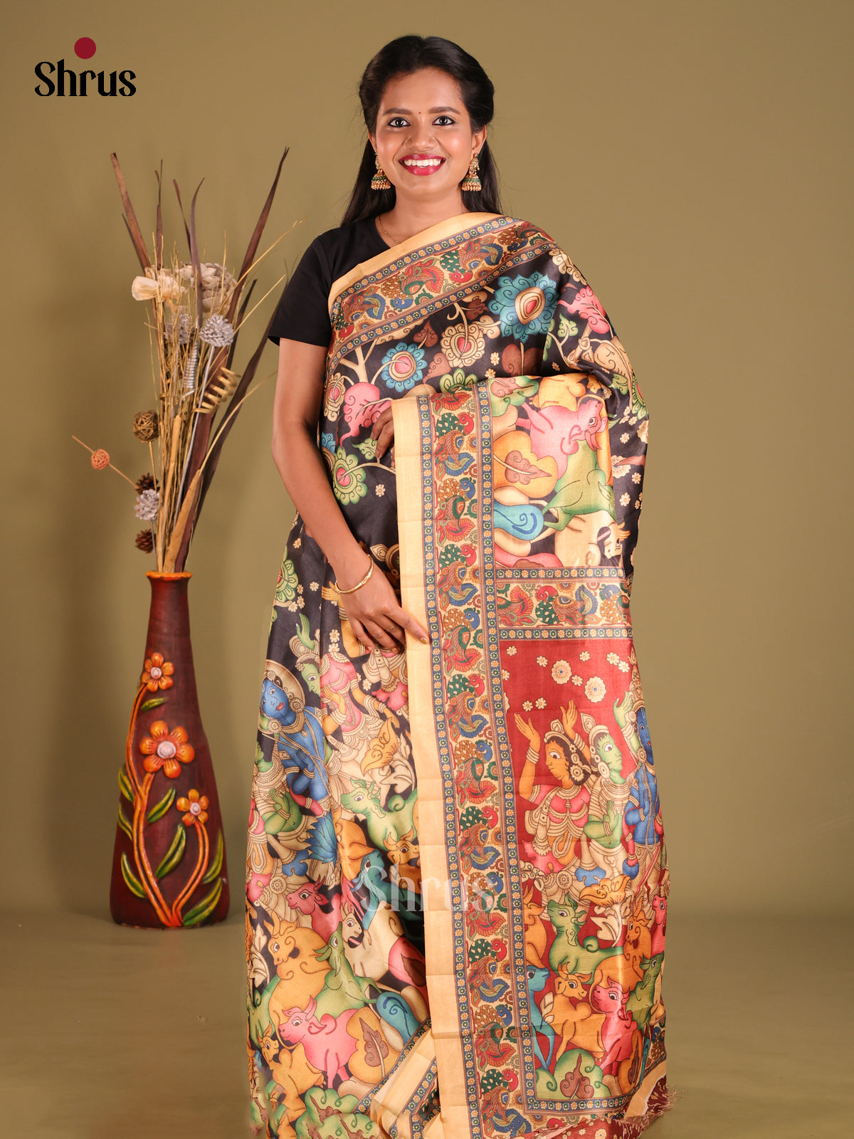 Black & Brick- Semi Tussar Saree - Shop on Shrus.com