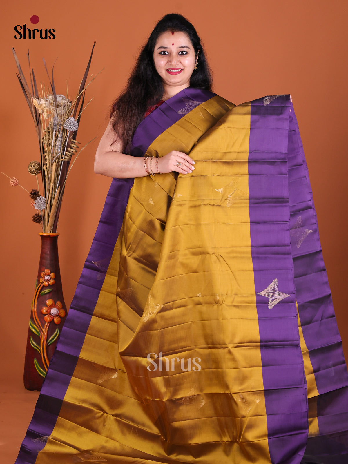 Mustard & Violet Softsilk-halfpure Saree with contrast zari brocade pallu - Shop on Shrus.com