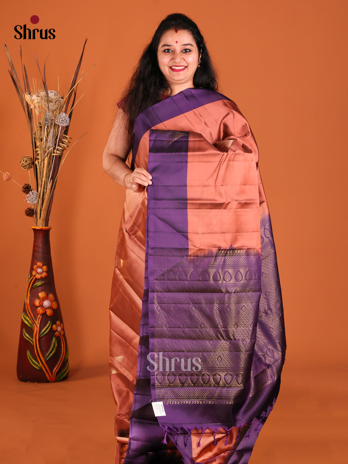 Brown & Violet Softsilk-halfpure Saree with gold zari motifs