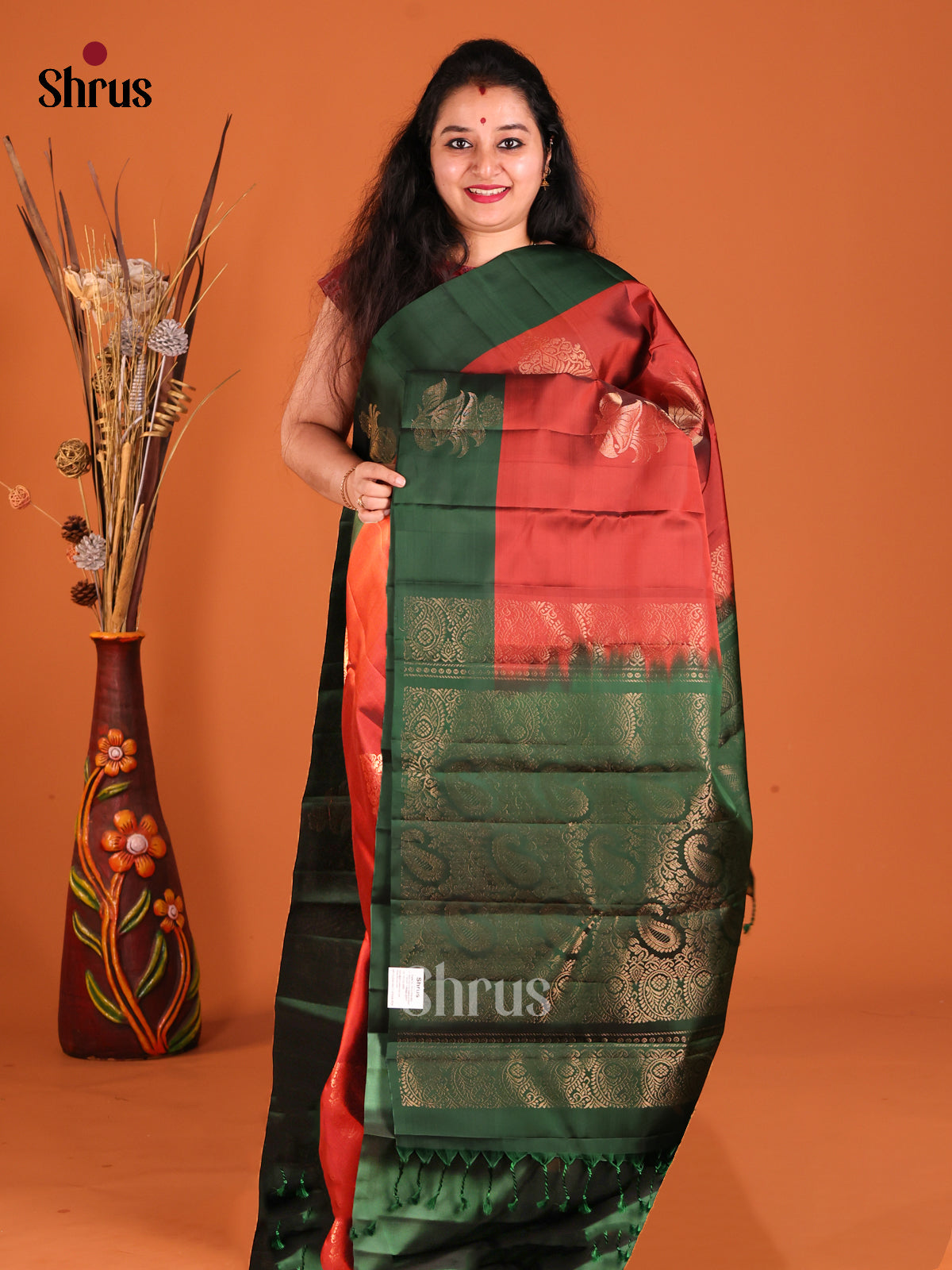 Red & Green Softsilk-halfpure Saree with contrast zari brocade pallu