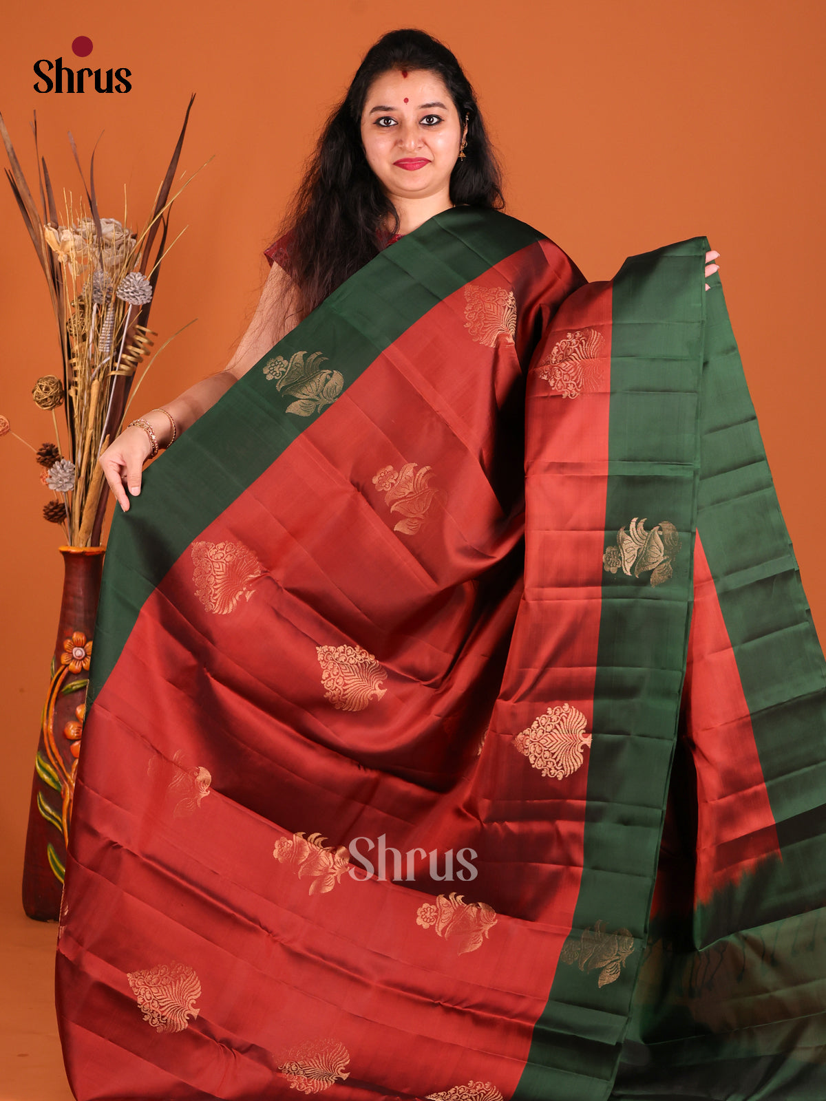 Red & Green Softsilk-halfpure Saree with contrast zari brocade pallu