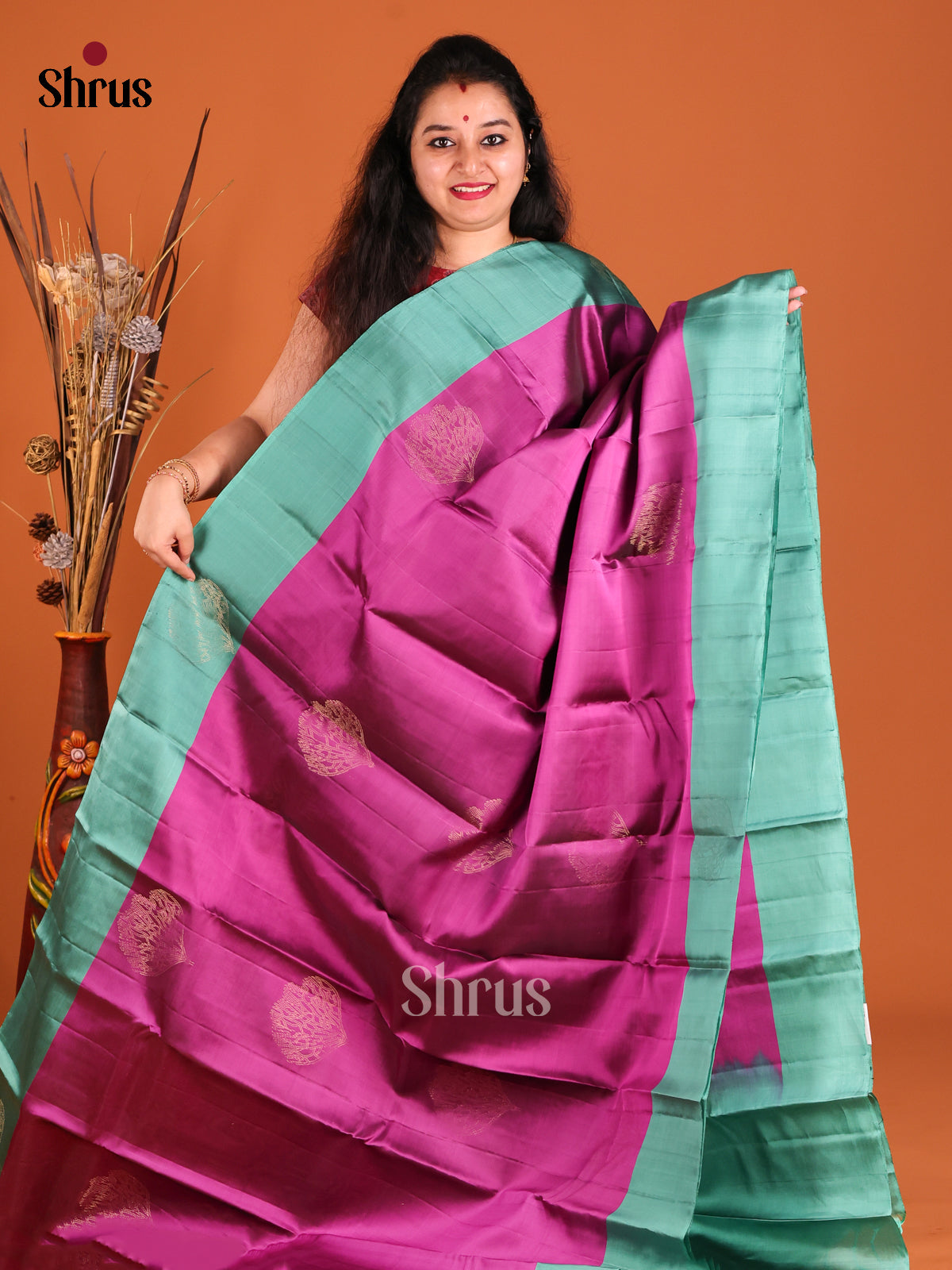 Purple & Green Softsilk-halfpure Saree with gold zari floral motifs - Shop on Shrus.com
