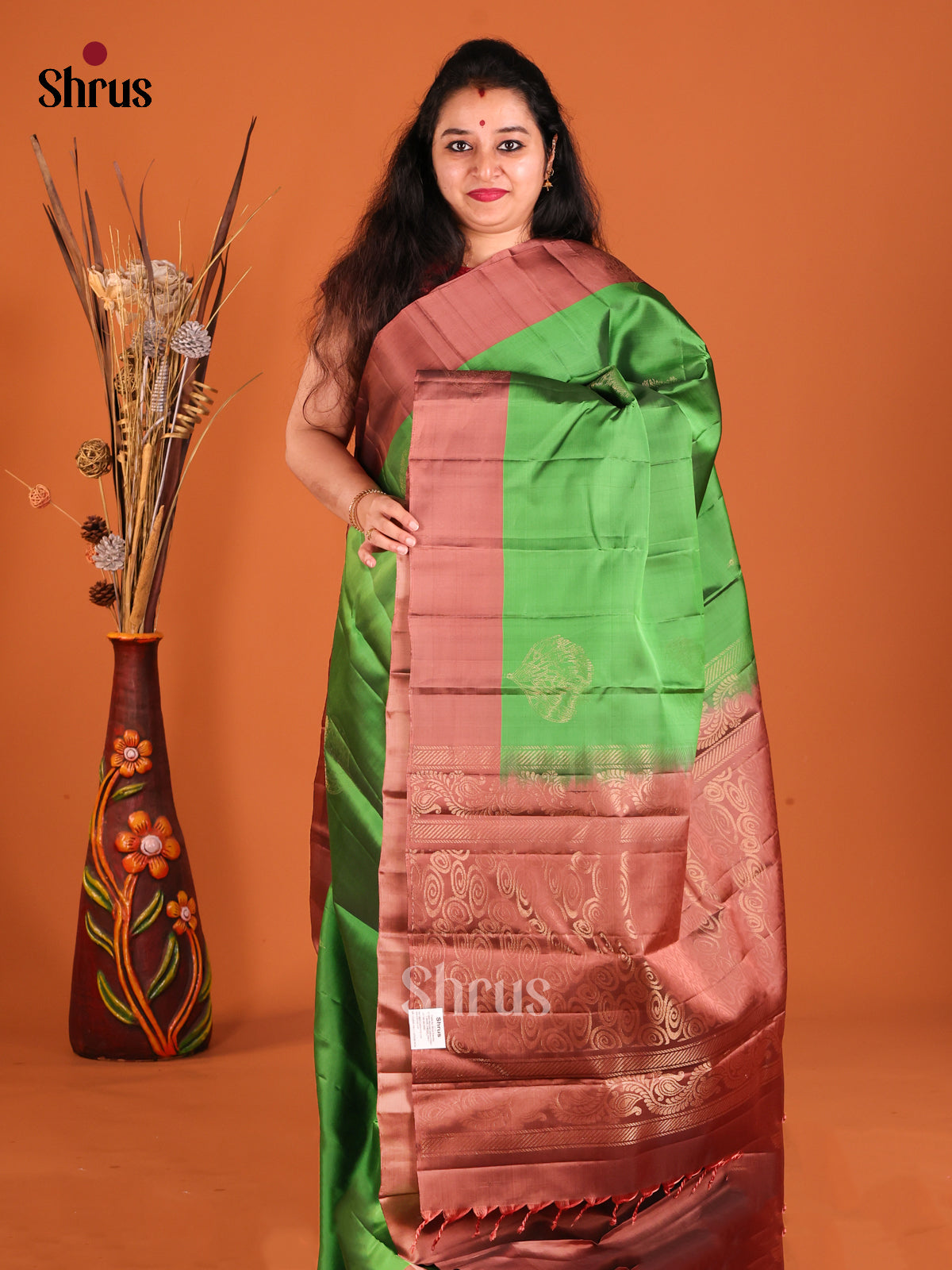 Green & Brown Softsilk-halfpure Saree with zari floral motifs