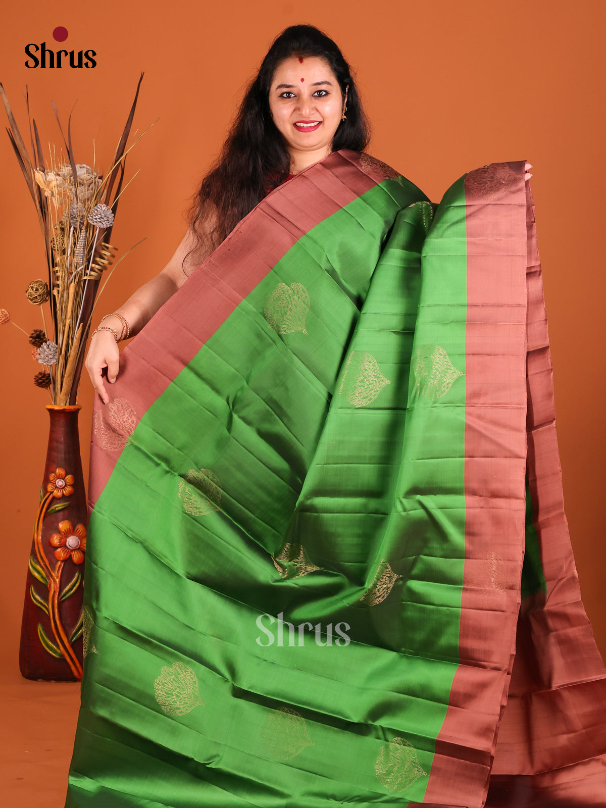 Green & Brown Softsilk-halfpure Saree with zari floral motifs