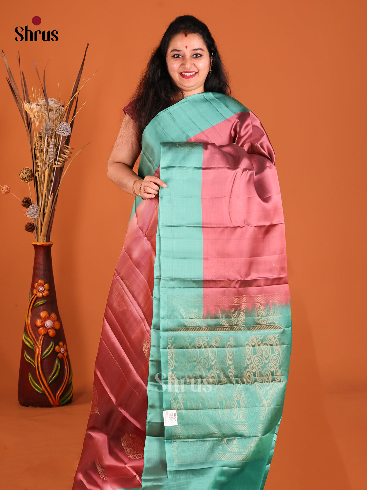 Onion Peel & Green Softsilk-halfpure Saree with gold zari motifs - Shop on Shrus.com
