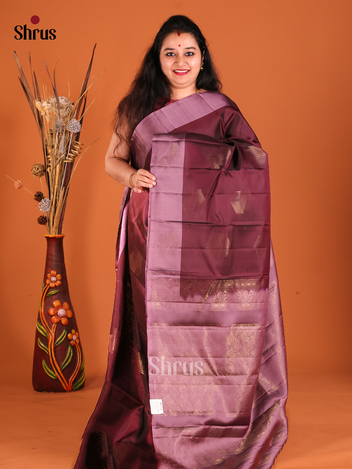 Brown & Lavender Softsilk-halfpure Saree with zari motifs