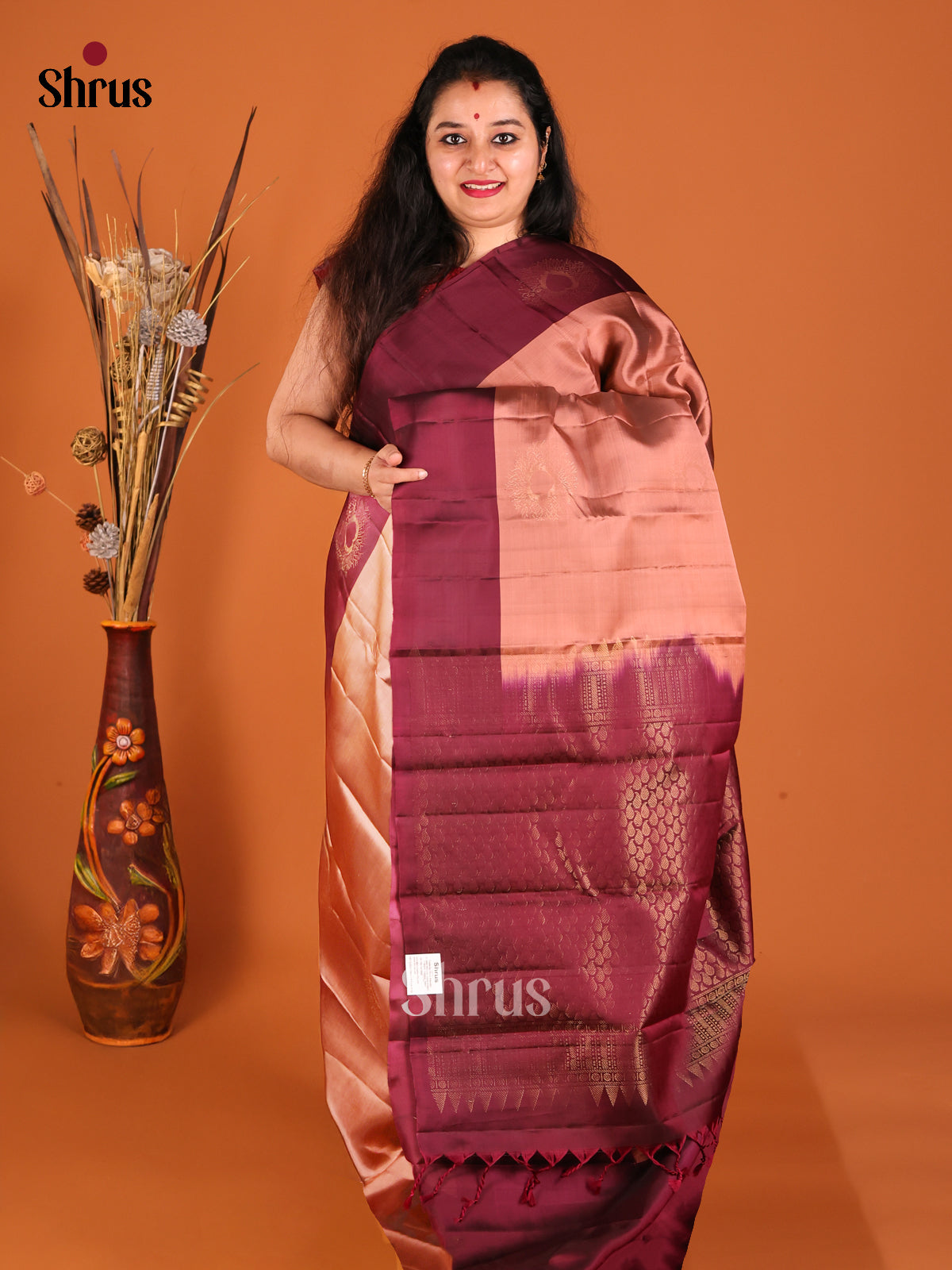 Brown & Maroon Softsilk-halfpure Saree with zari motifs