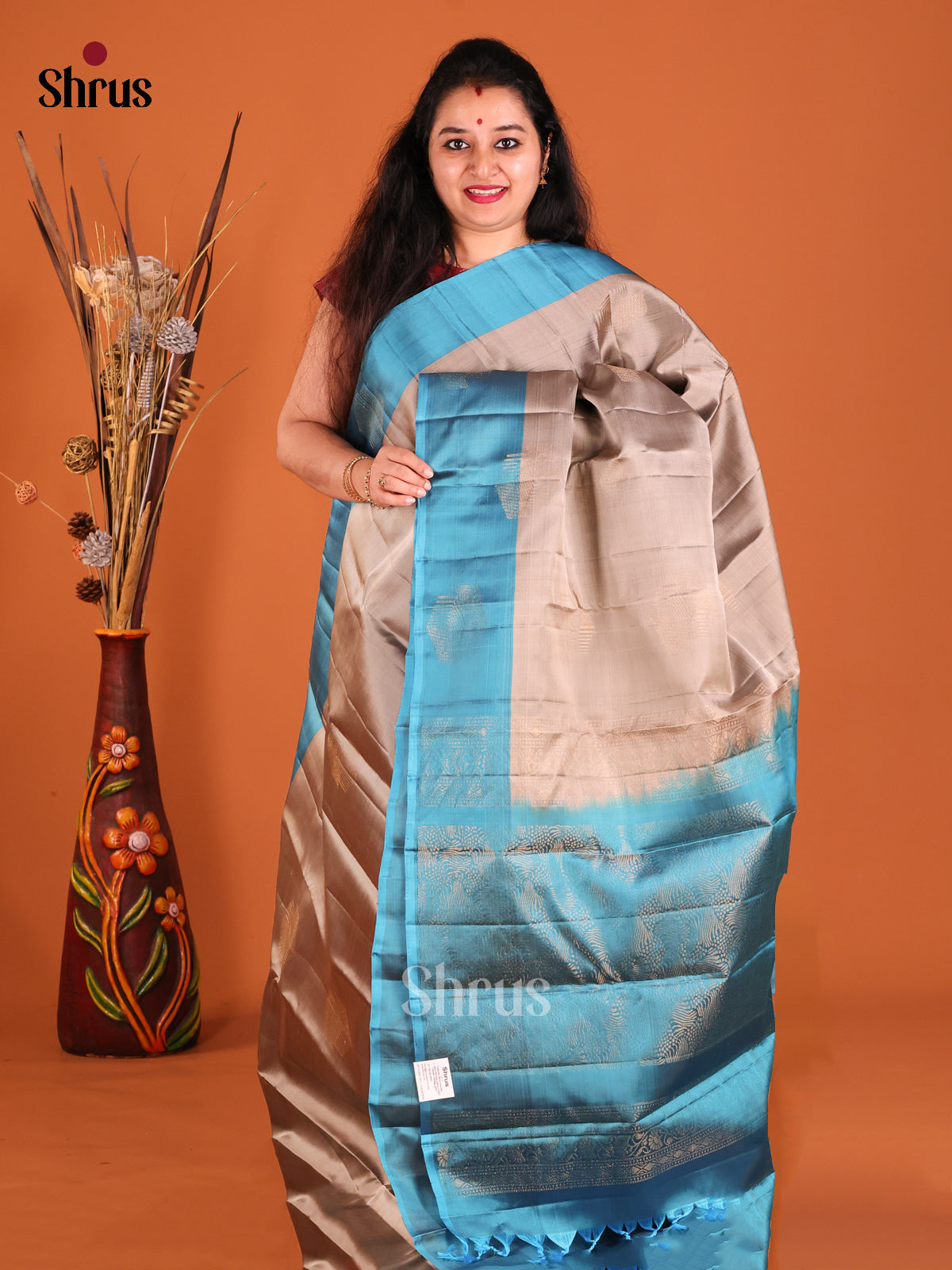 Grey & Blue Softsilk-halfpure Saree with contrast zari brocade pallu
