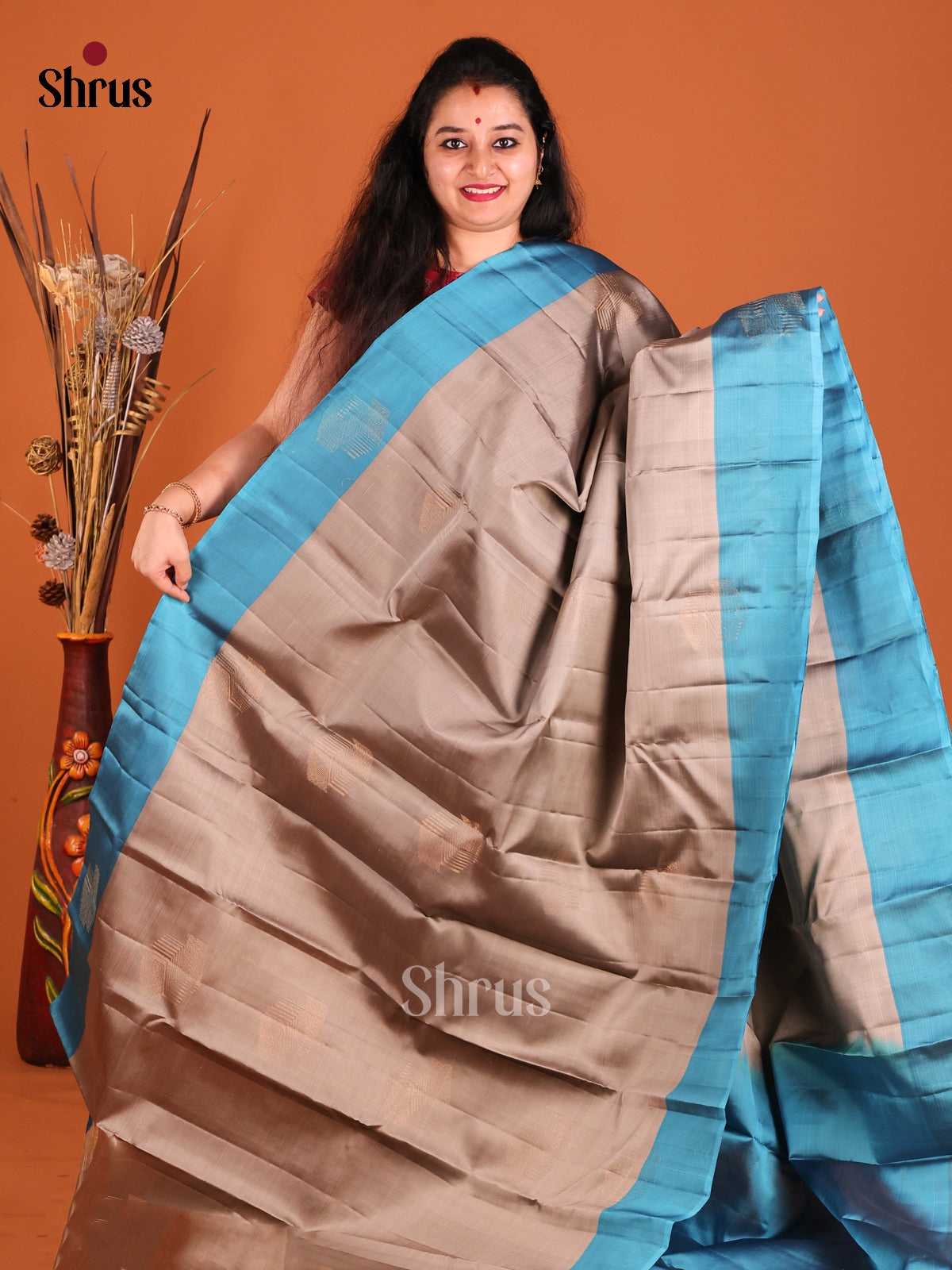 Grey & Blue Softsilk-halfpure Saree with contrast zari brocade pallu