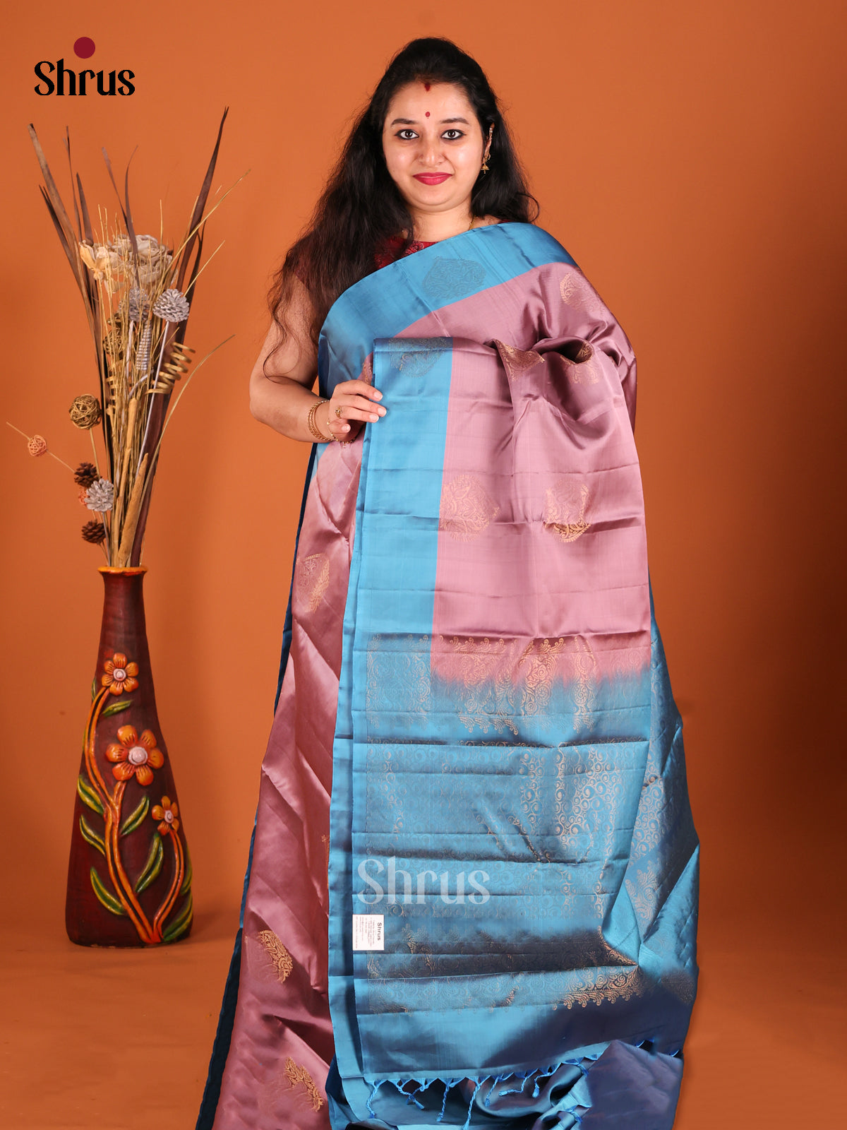 Dusty Brown & Blue Softsilk-halfpure Saree with gold zari floral motifs