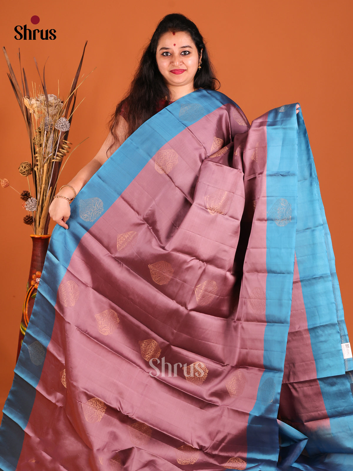 Dusty Brown & Blue Softsilk-halfpure Saree with gold zari floral motifs