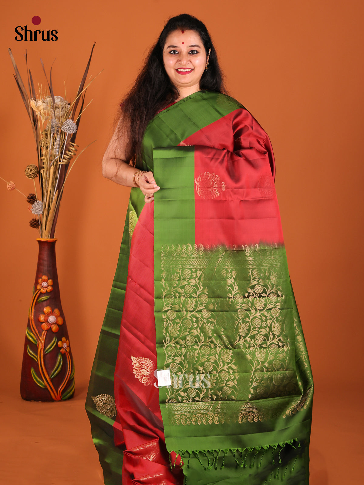 Maroon & Green Softsilk-halfpure Saree with gold zari floral motifs