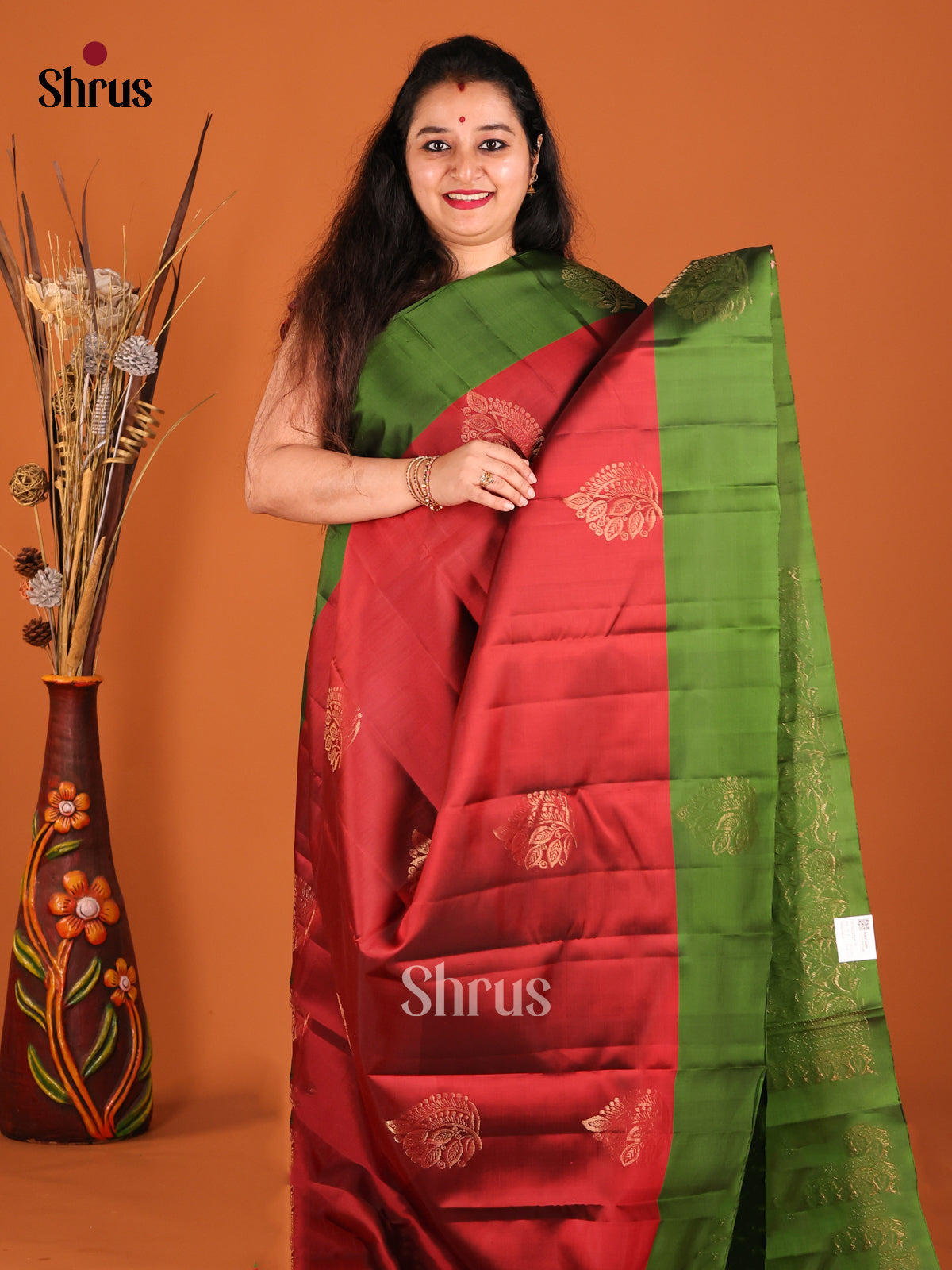 Maroon & Green Softsilk-halfpure Saree with gold zari floral motifs