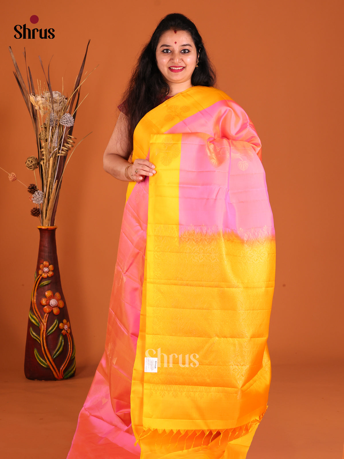 Pink & Yellow Softsilk-halfpure Saree with gold zari floral motifs