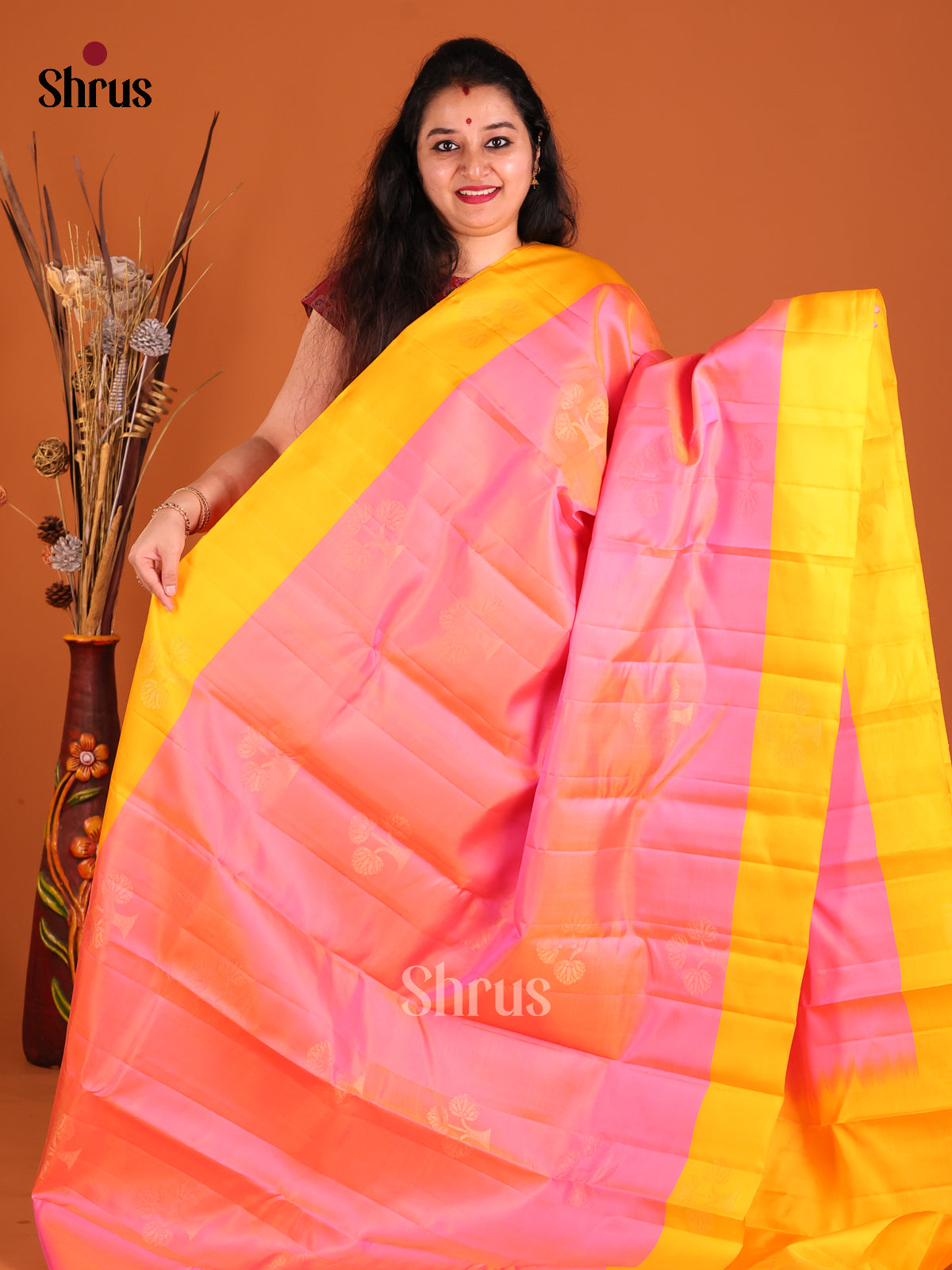 Pink & Yellow Softsilk-halfpure Saree with gold zari floral motifs 1