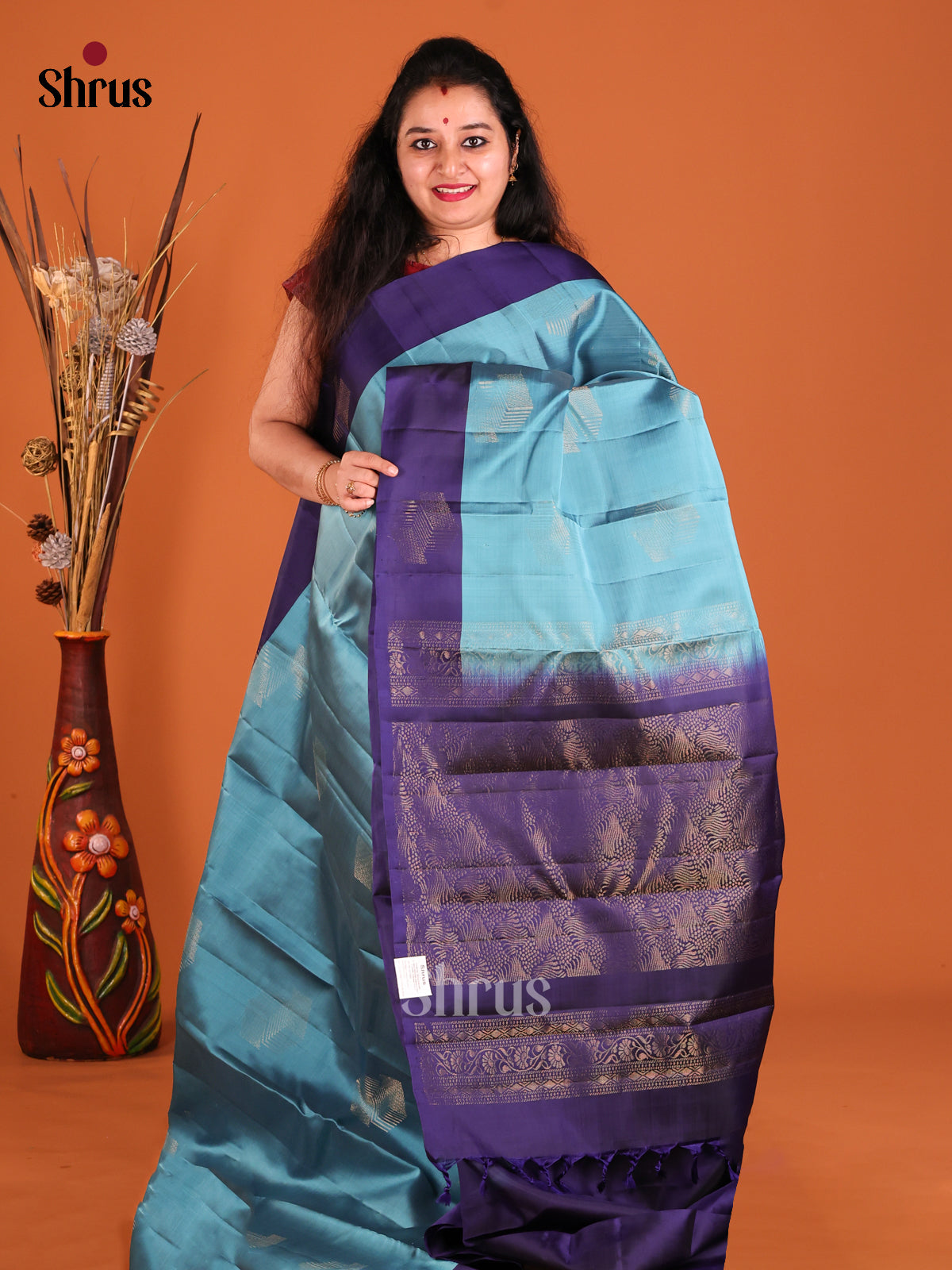 Teal & blue Softsilk-halfpure Saree with contrast zari brocade