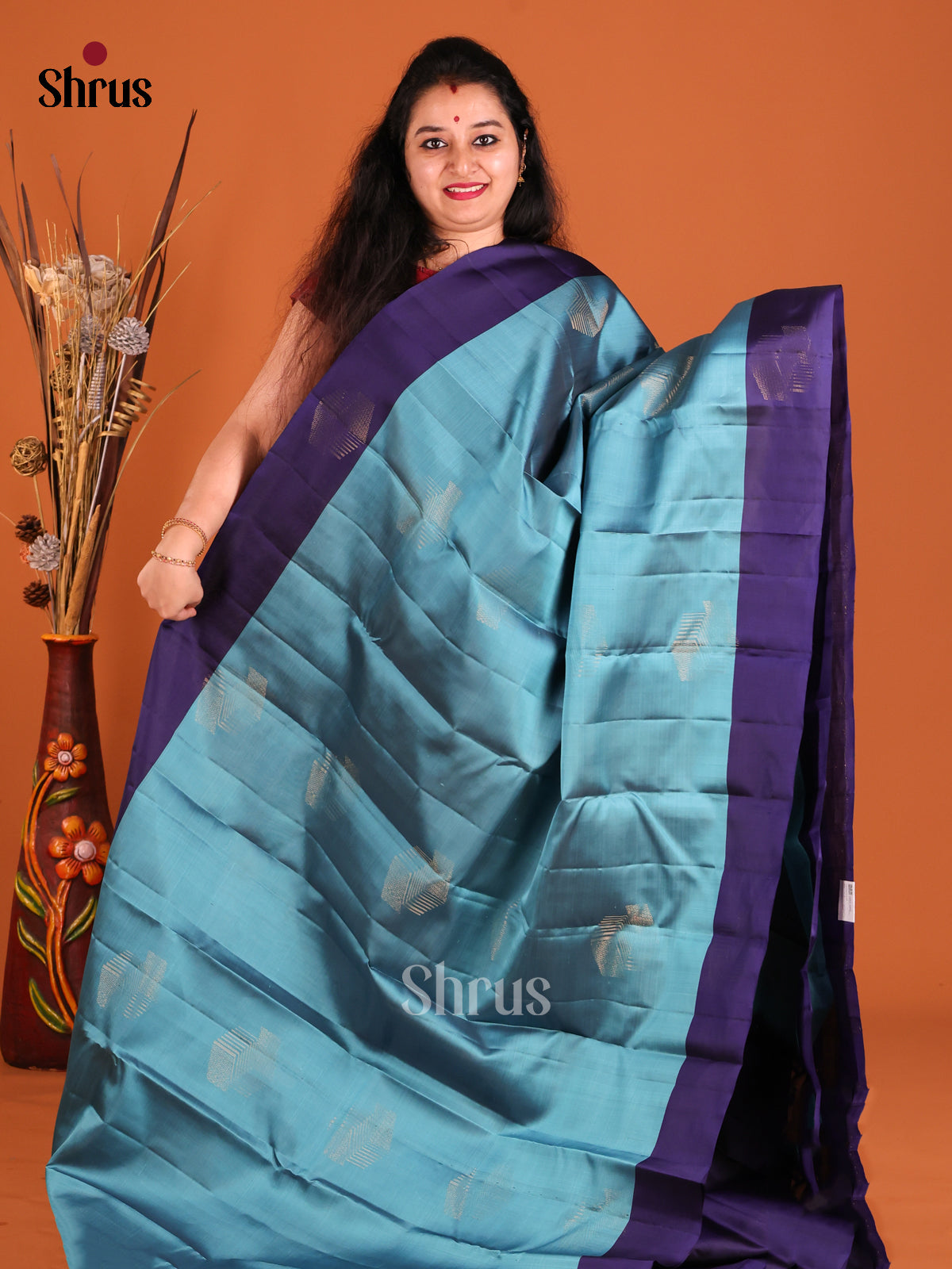 Teal & blue Softsilk-halfpure Saree with contrast zari brocade